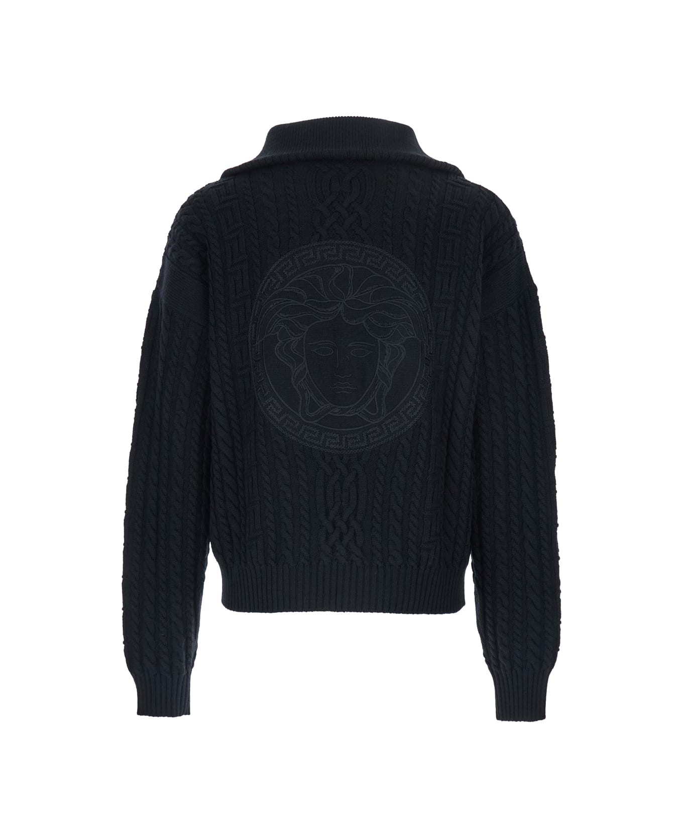 Versace Black Turtleneck Sweater With Zip Closure And Medusa Head Embroidered On The Back In Virgin Wool Man - Black