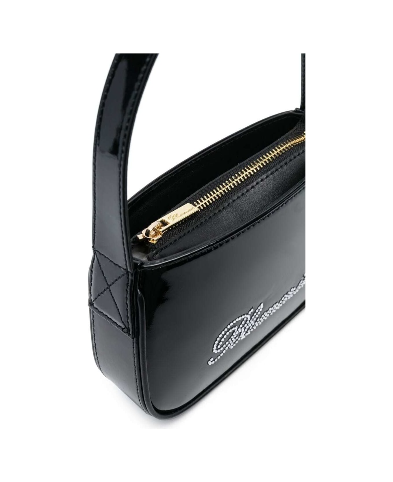 Blumarine Black Patent Finish Mini Bag With Rhinestone-embellished Logo In Calf Leather Woman - Black