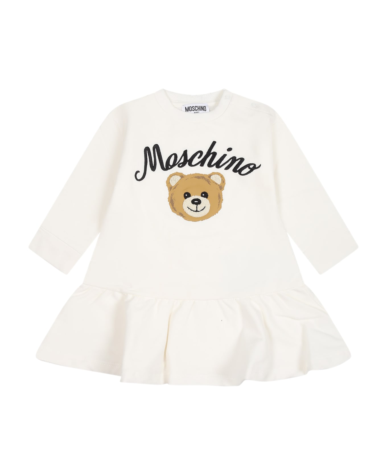 Moschino White Dress For Baby Girl With Teddy Baer And Logo - White
