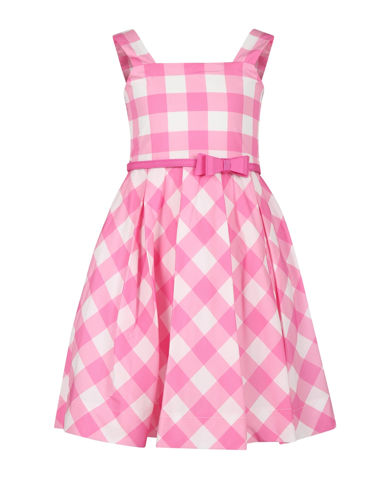 Monnalisa Pink Dress For Girl With Bow And Vichy Print - Multicolor ワンピース＆ドレス