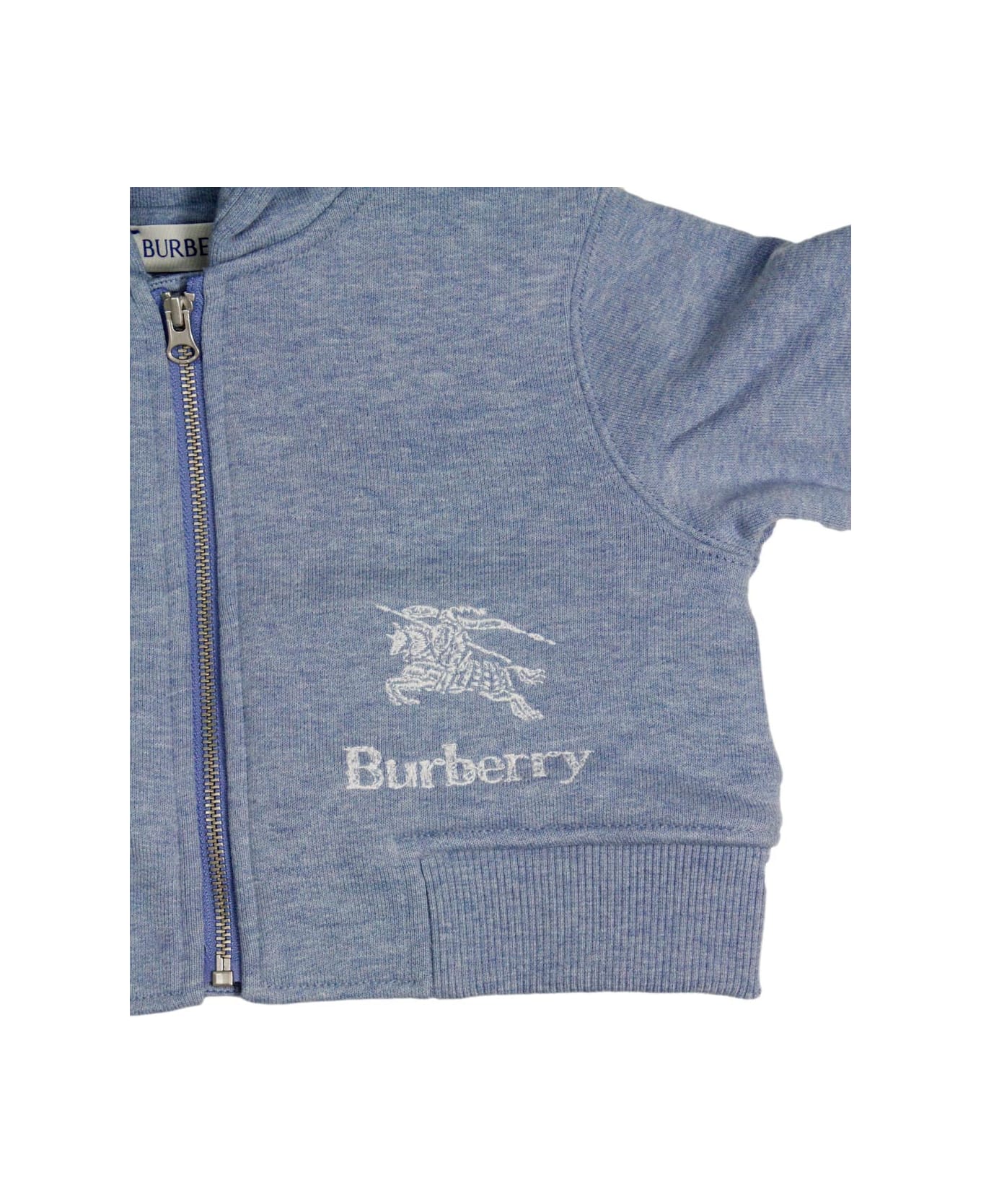 Burberry Full Zip Hooded Sweatshirt With Long Sleeves In Fine Cotton With Logo On The Front - Light Blu ニットウェア＆スウェットシャツ
