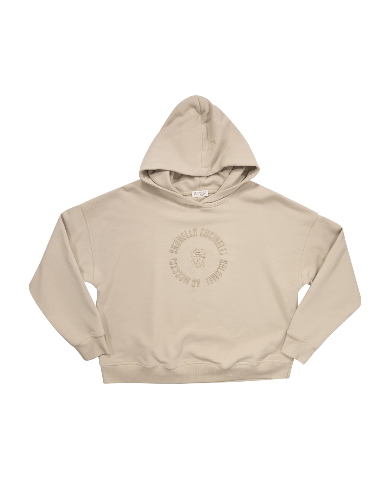 Brunello Cucinelli Smooth Cotton Fleece Topwear With Hood And Embroidery - Beige