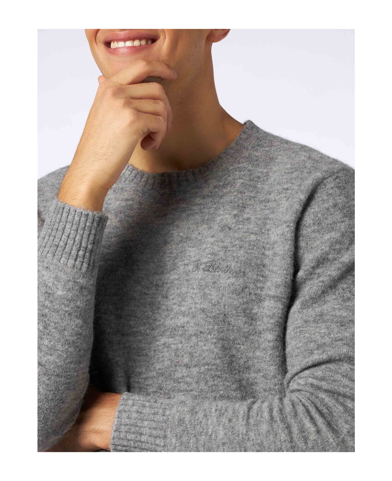MC2 Saint Barth Man Grey Mélange Stretch Wool Sweater With St. Barth Embroidery - GREY