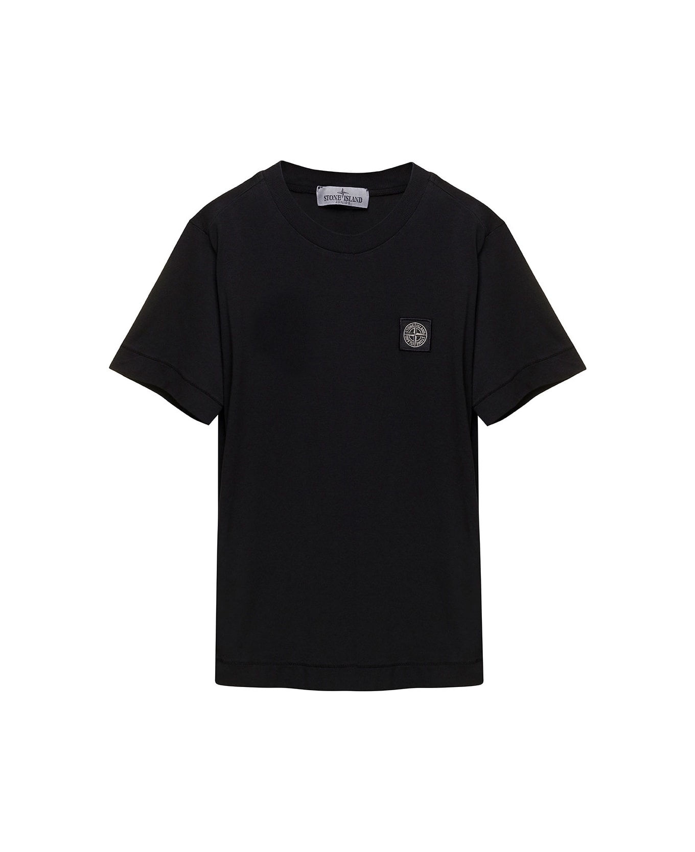 Stone Island Junior Black Crewneck T-shirt With Patch Logo In Cotton Boy - Black