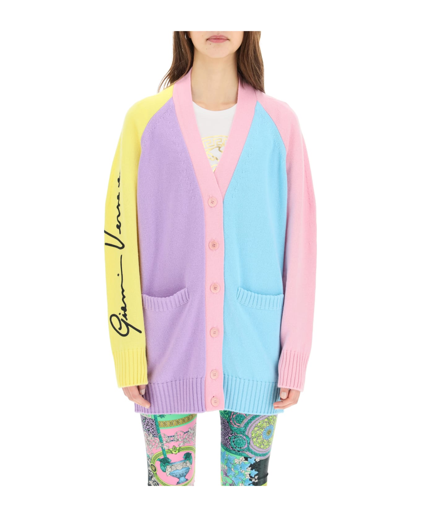 Versace Maxi Cardigan Gv Signature - PINK/GREEN