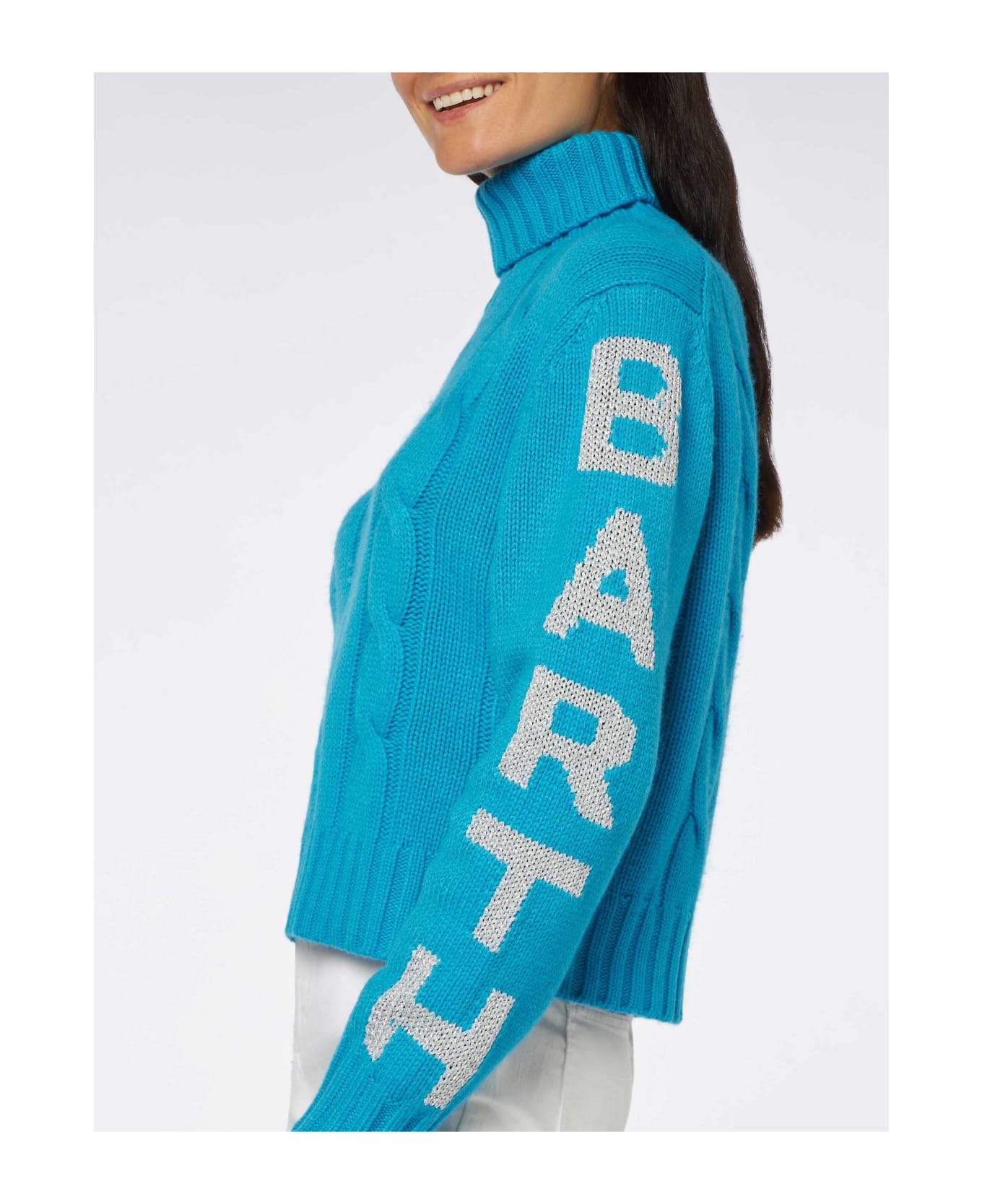 MC2 Saint Barth Woman Turtleneck Braided Sweater With Saint Barth Jacquard - SKY
