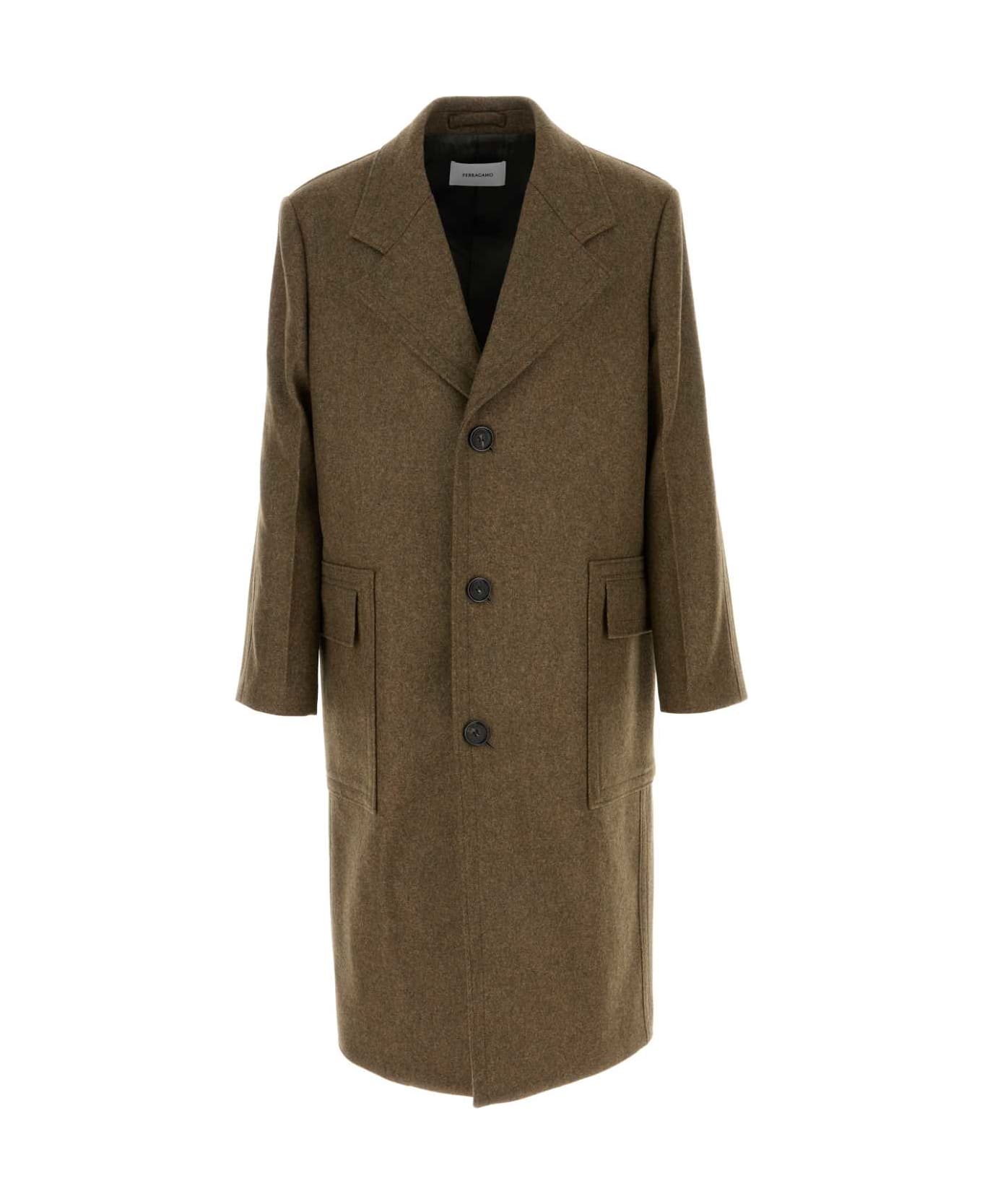 Ferragamo Melange Mud Wool Coat - OLIVE コート