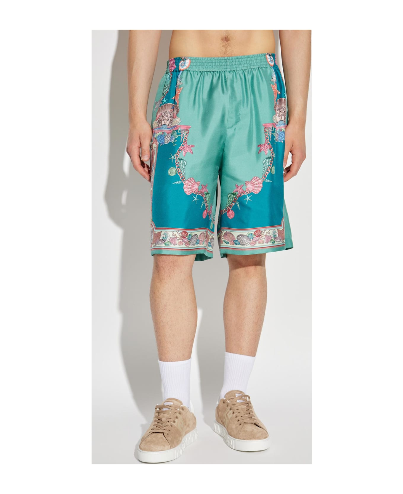 Versace Silk Shorts With 
coral Theatre
 Print - Sea Green+Dark Sea Green
