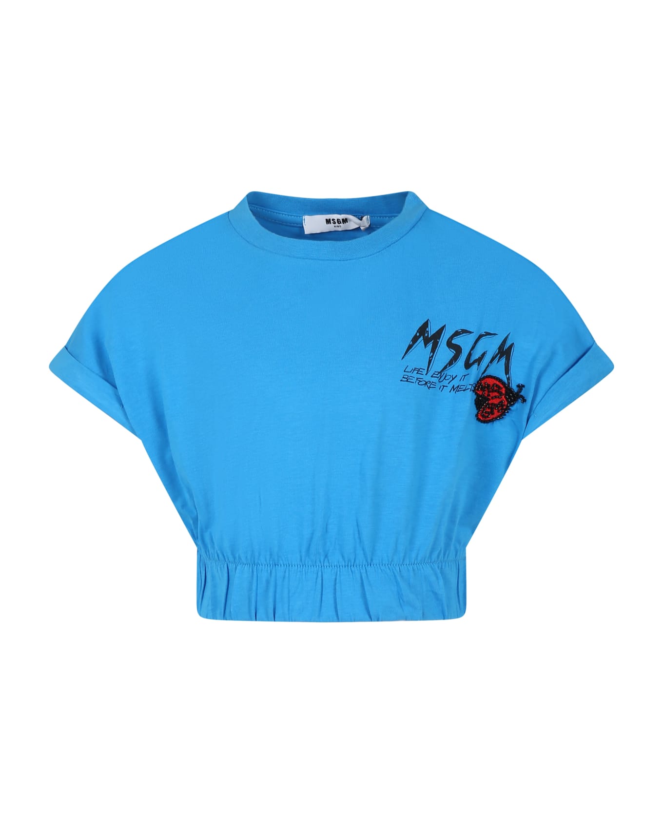 MSGM Light Blue Crop T-shirt For Girl With Logo And Ladybug - Light Blue