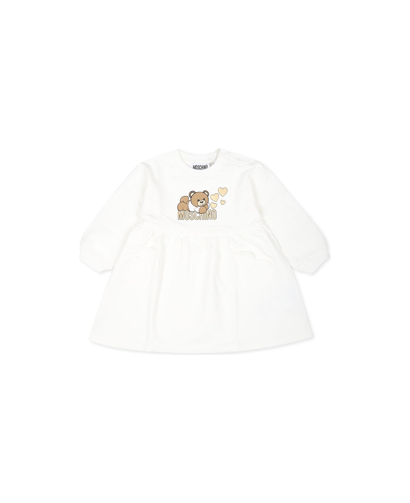 Moschino Ivory Dress For Baby Girl With Teddy Bear And Heart - White