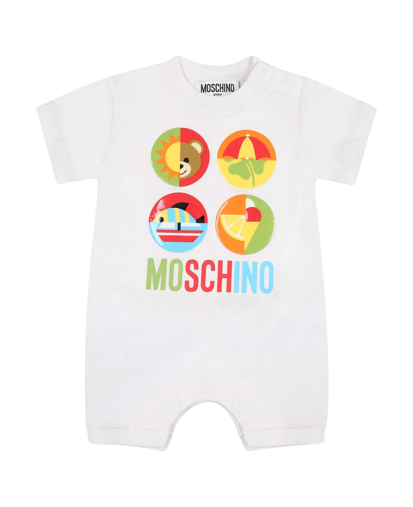 Moschino White Romper For Bbay Kids With Logo And Print - White ボディスーツ＆セットアップ