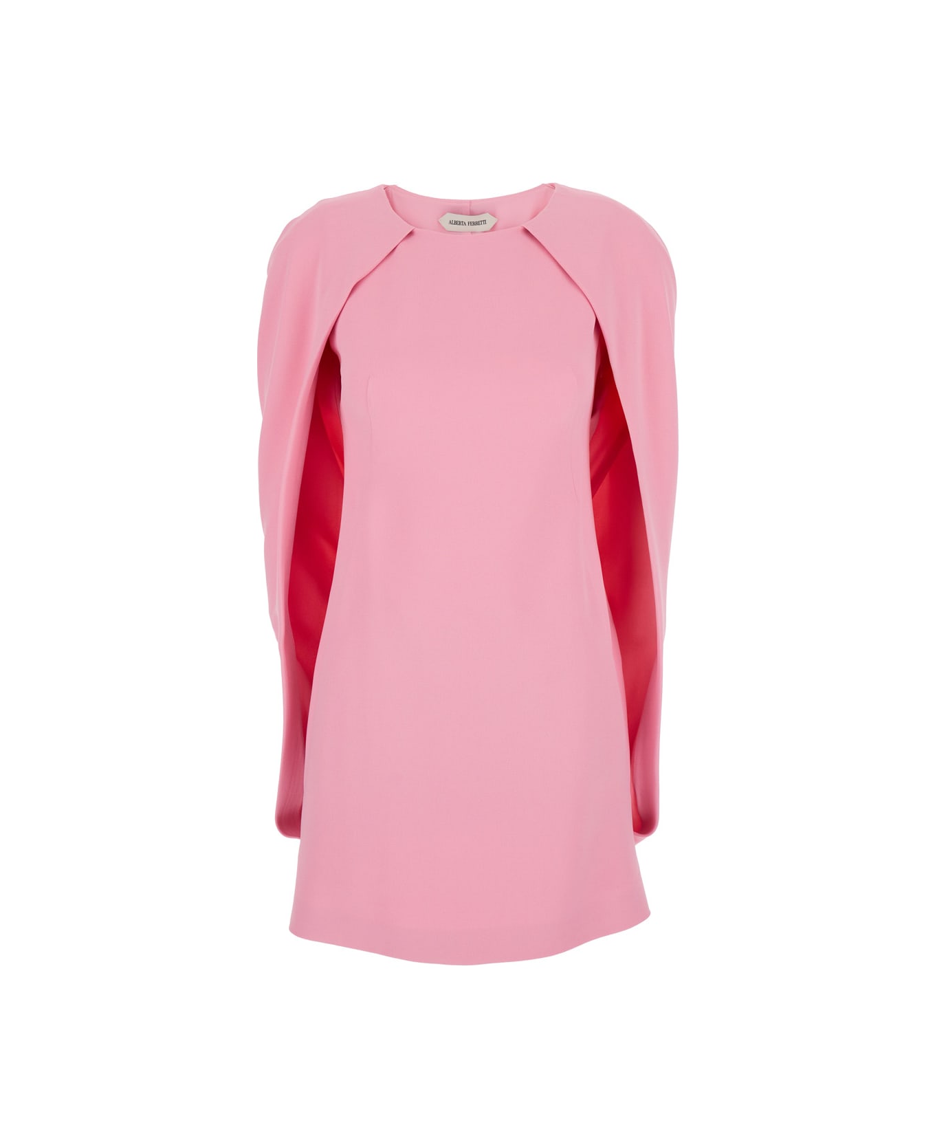 Alberta Ferretti Pink Crew Neck Dress With Cap Sleeves And Draped Shoulders In Fabric Woman - Pink