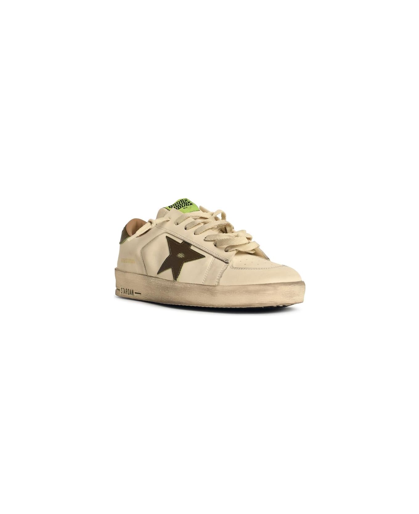 Golden Goose 'stardan' White Leather Sneakers With Green Star And Heel - Bianco