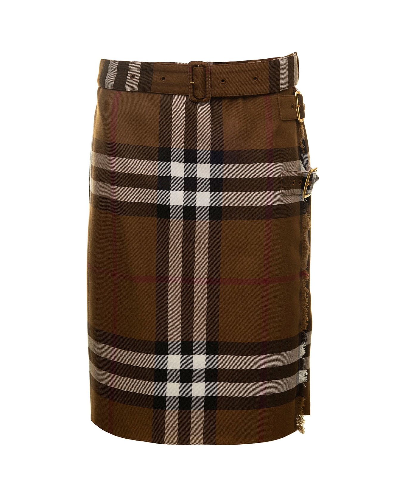 Burberry Midi Wrap Skirt With Check Motif Brown Wool Woman Burberry - Brown