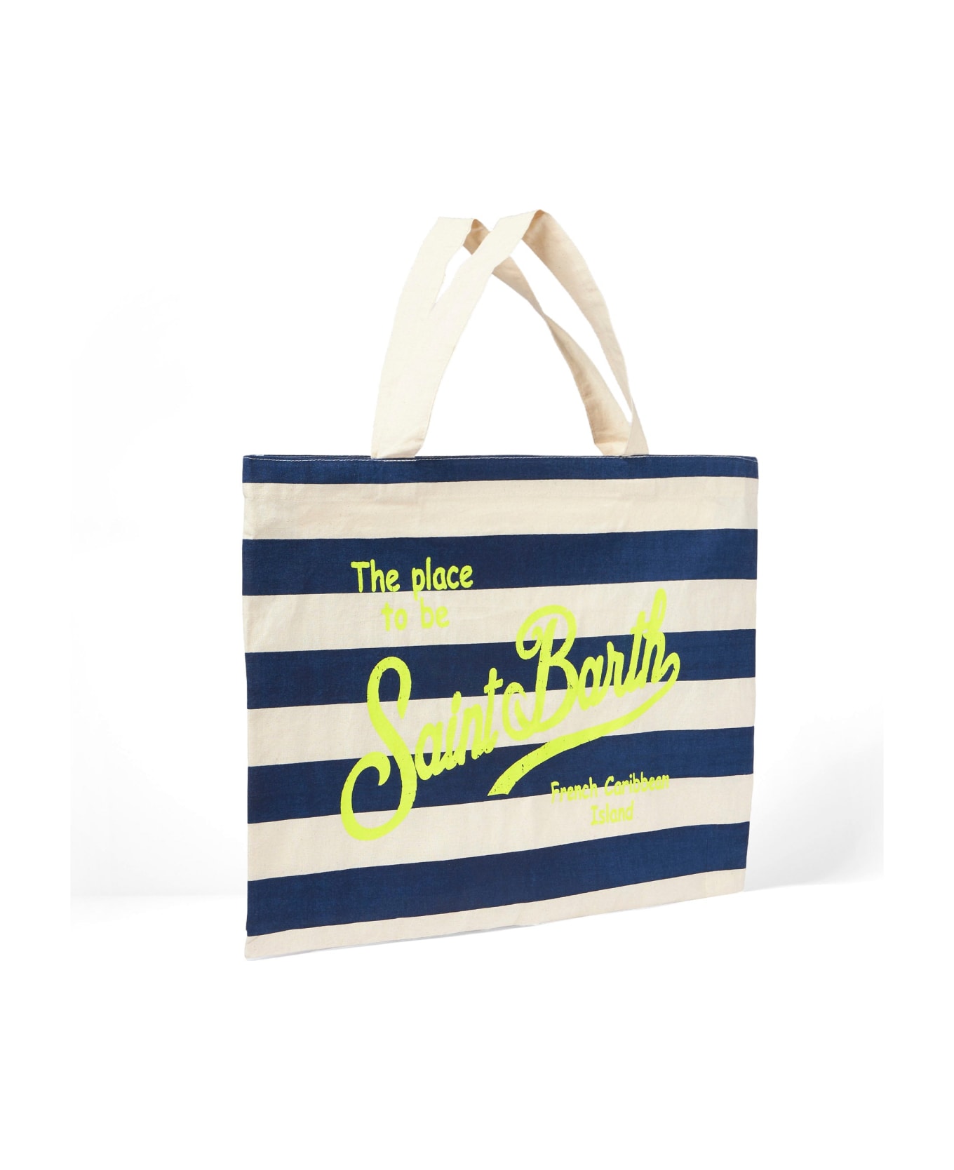 MC2 Saint Barth Blue Striped Cotton Bag With Fluo Yellow Logo - BLUE