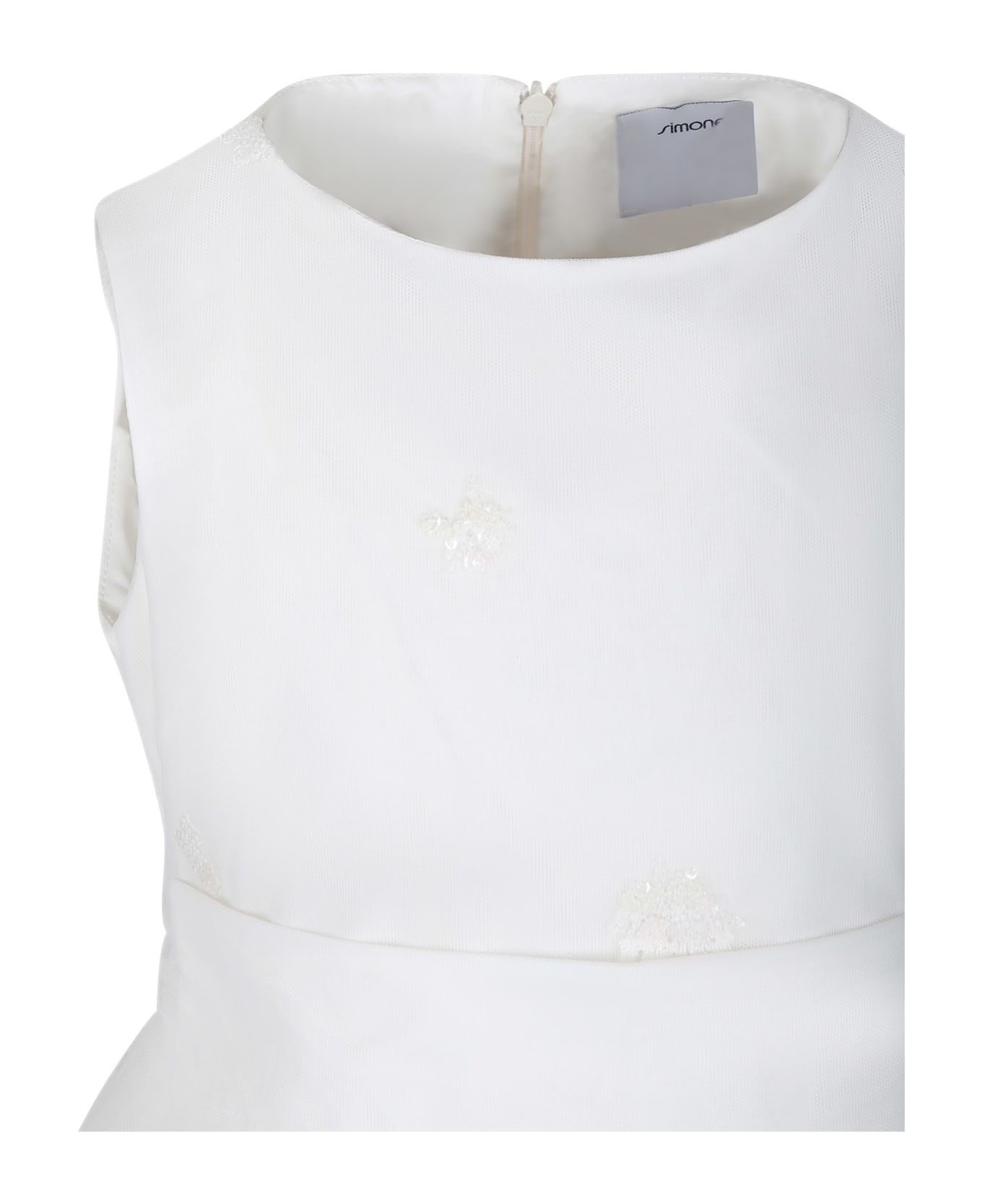 Simonetta White Dress For Girl With Sequins - White ワンピース＆ドレス