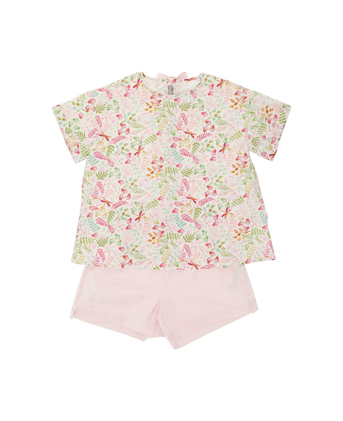 Il Gufo Pink T-shirt And Shorts With Flower Print And Bow Detail In Cotton Girl - Pink ジャンプスーツ