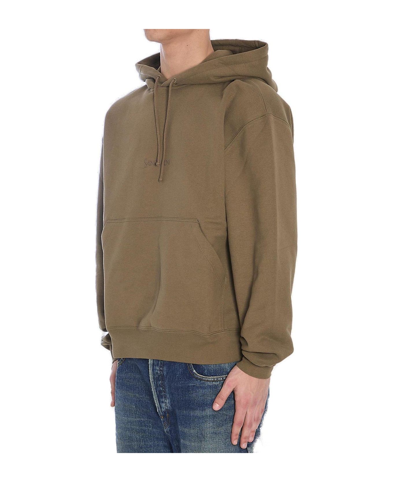 Saint Laurent Logo Embroidered Drawstring Hoodie - Verde