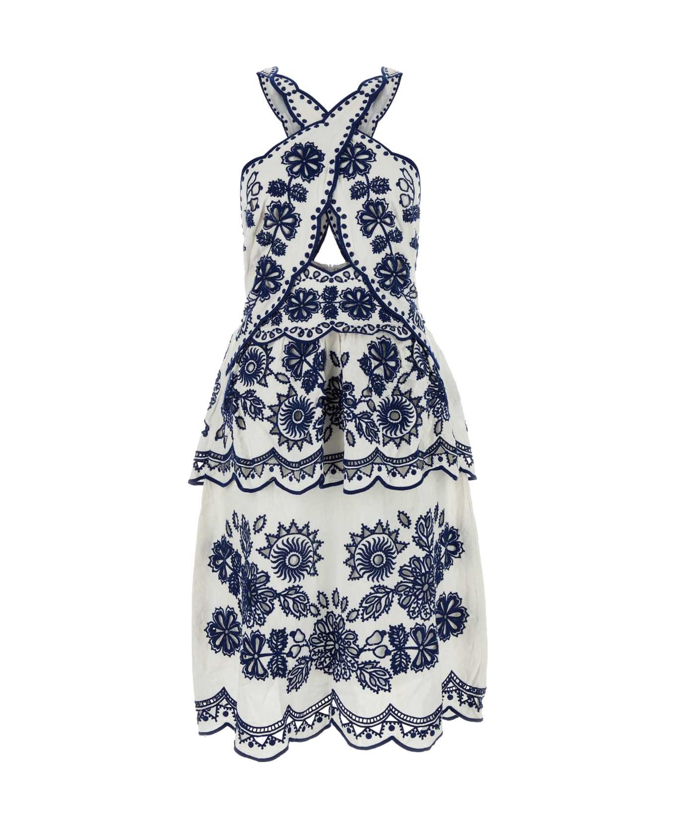 Farm Rio Embroidered Linen Blend Richelieu Dress - OFFWHITE