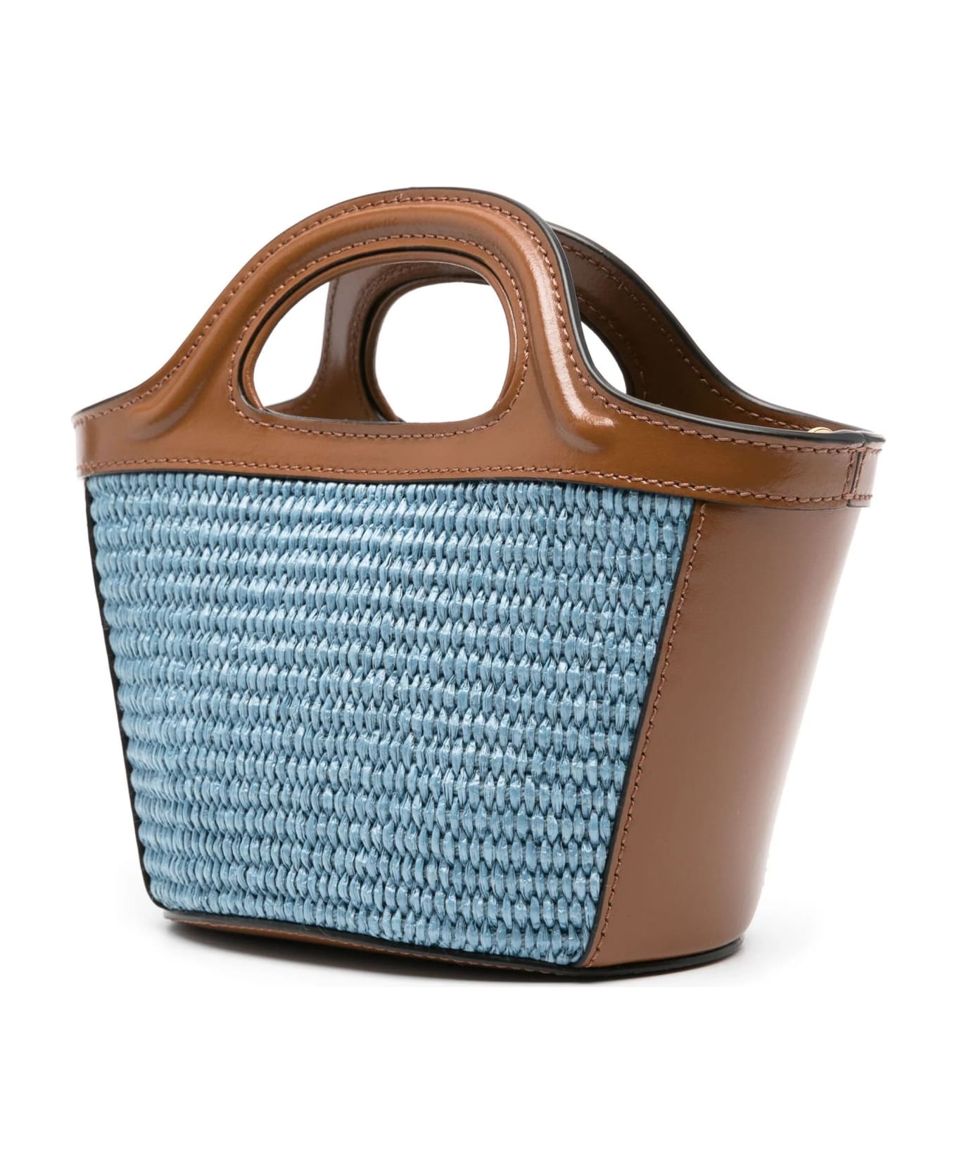 Marni Micro Tropicalia Summer Bag In Brown Leather And Light Blue Raffia - Brown