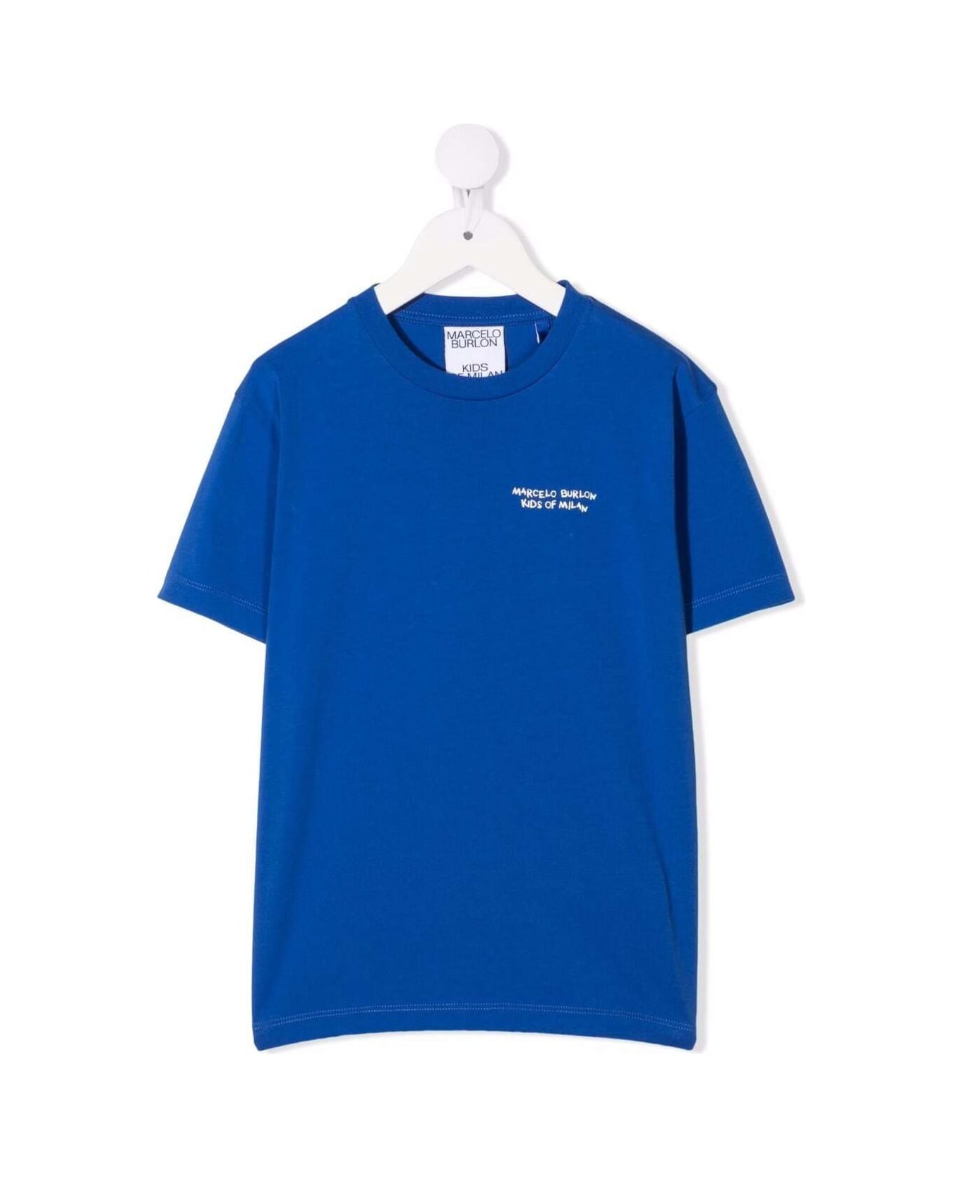 Marcelo Burlon Blue Cotton T-shirt With Logo Print - Blu