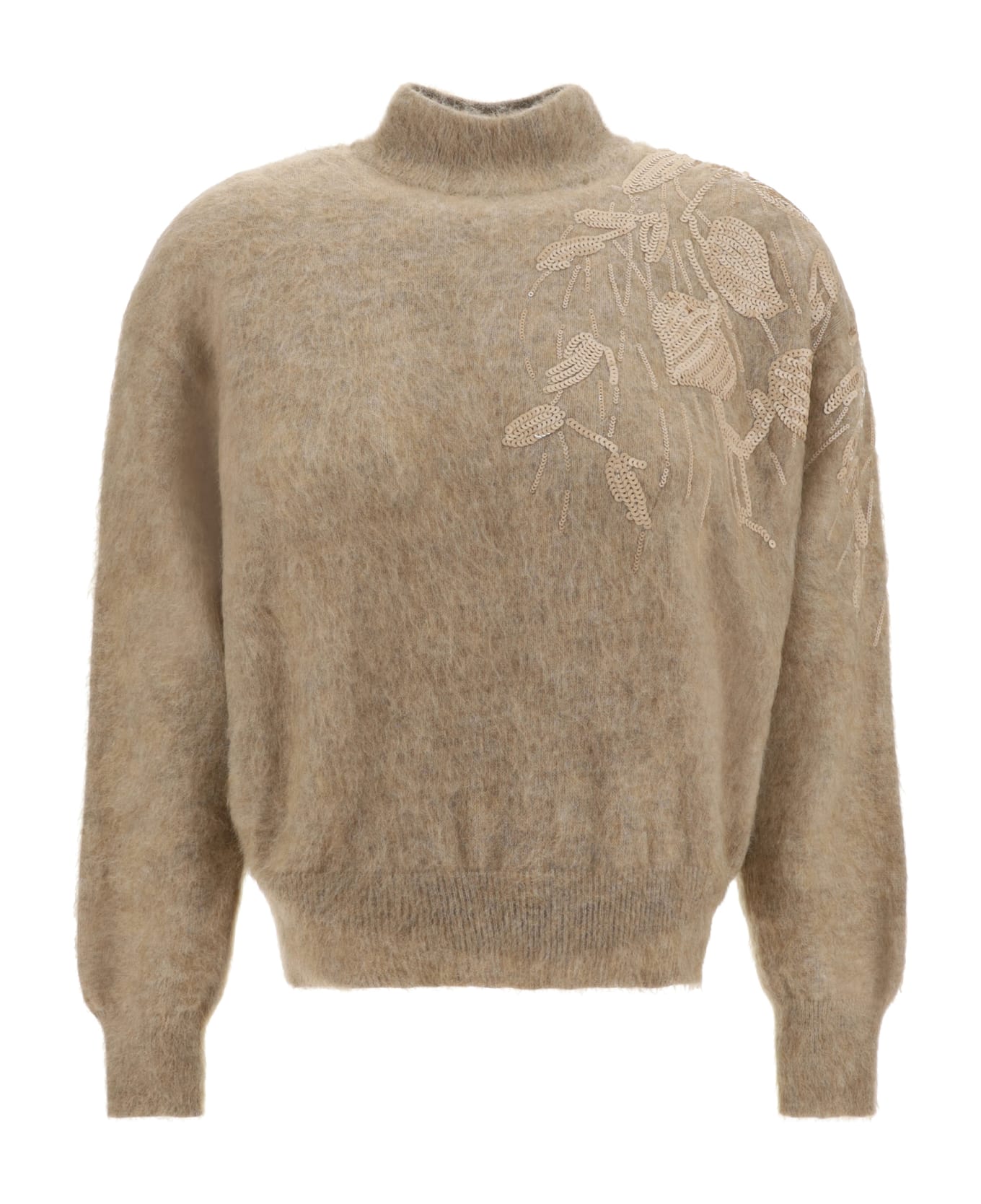 Brunello Cucinelli Long-sleeved Turtleneck Sweater With Special Sequin Appliqu? In Soft Mohair And Wool Yarn - Brown ニットウェア