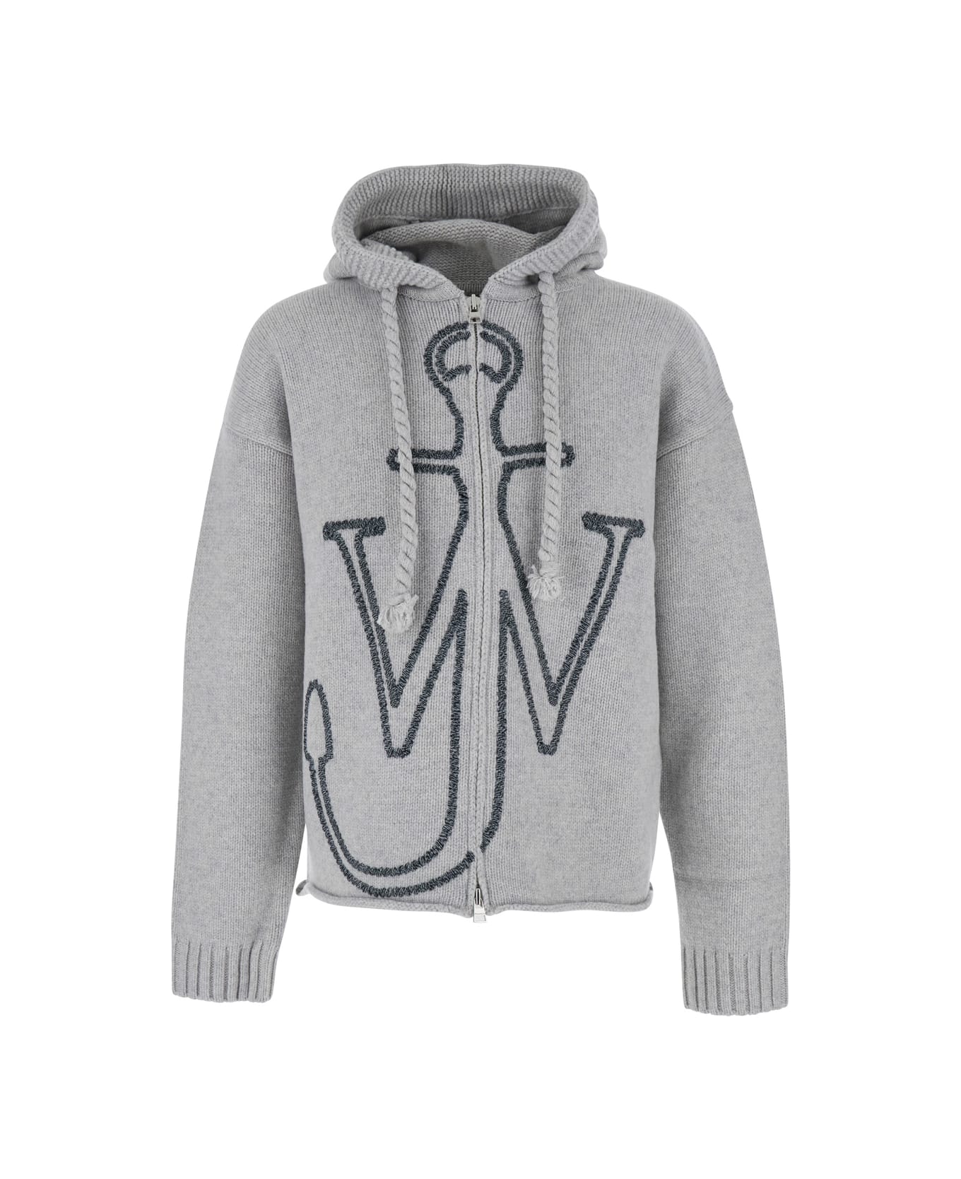 J.W. Anderson Grey Sweatshirt With Drawstring Hood And Maxi Anchor Embroidery On The Front In Wool Man - GREY