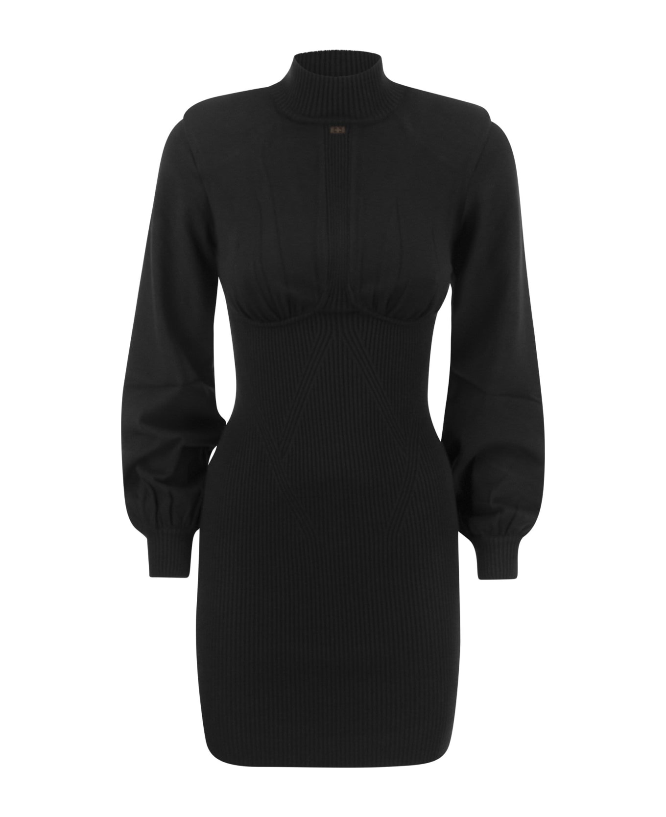 Elisabetta Franchi Ribbed Mini Dress With High Neck And Cups - Black ワンピース＆ドレス