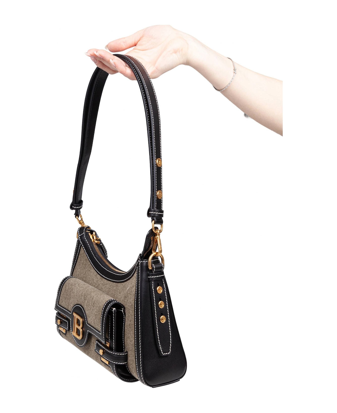 Balmain Borsa B-buzz Hobo In Tele E Pelle Colore Kaki E Noir - kaki/noir
