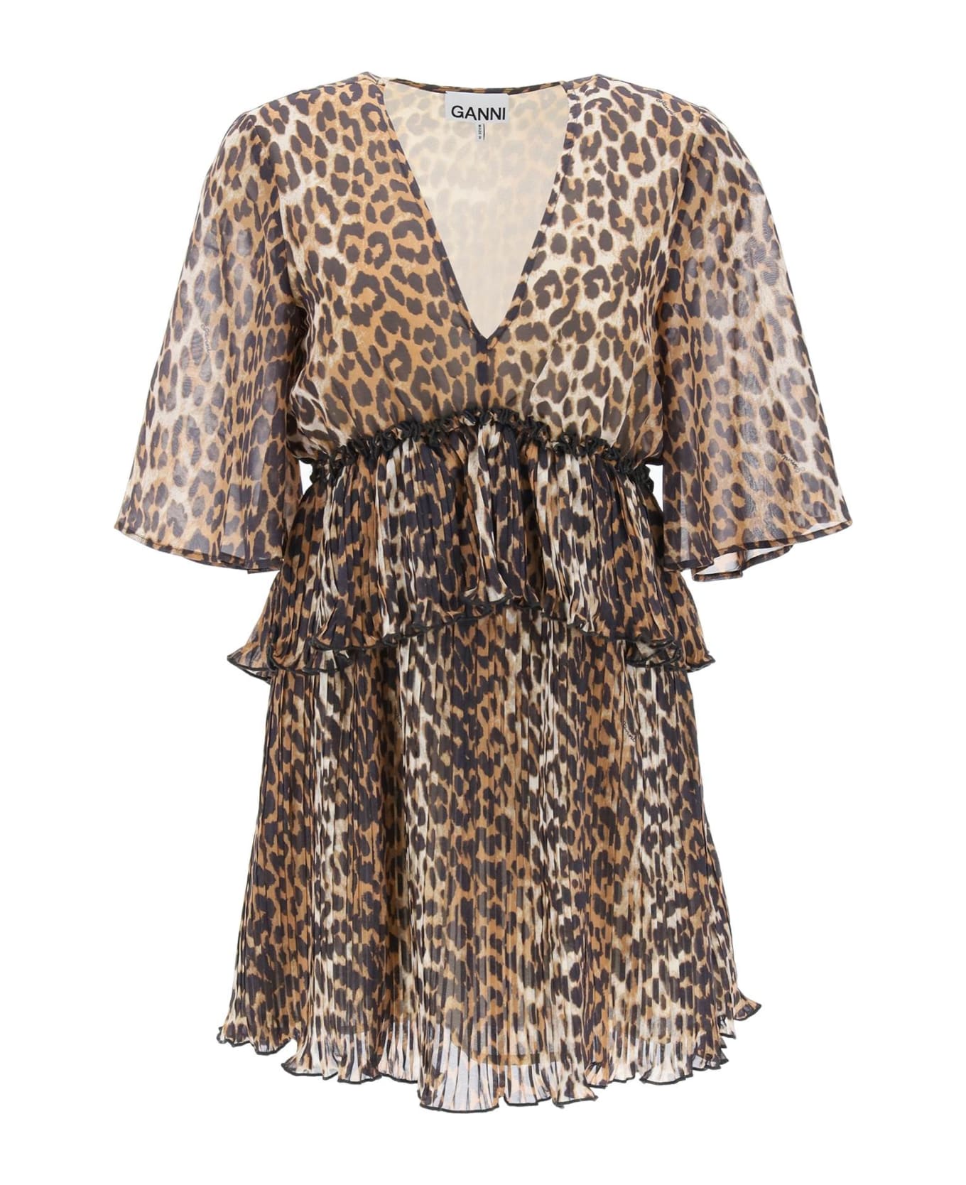 Ganni Pleated Mini Dress With Leopard Motif - ALMOND MILK (Beige)