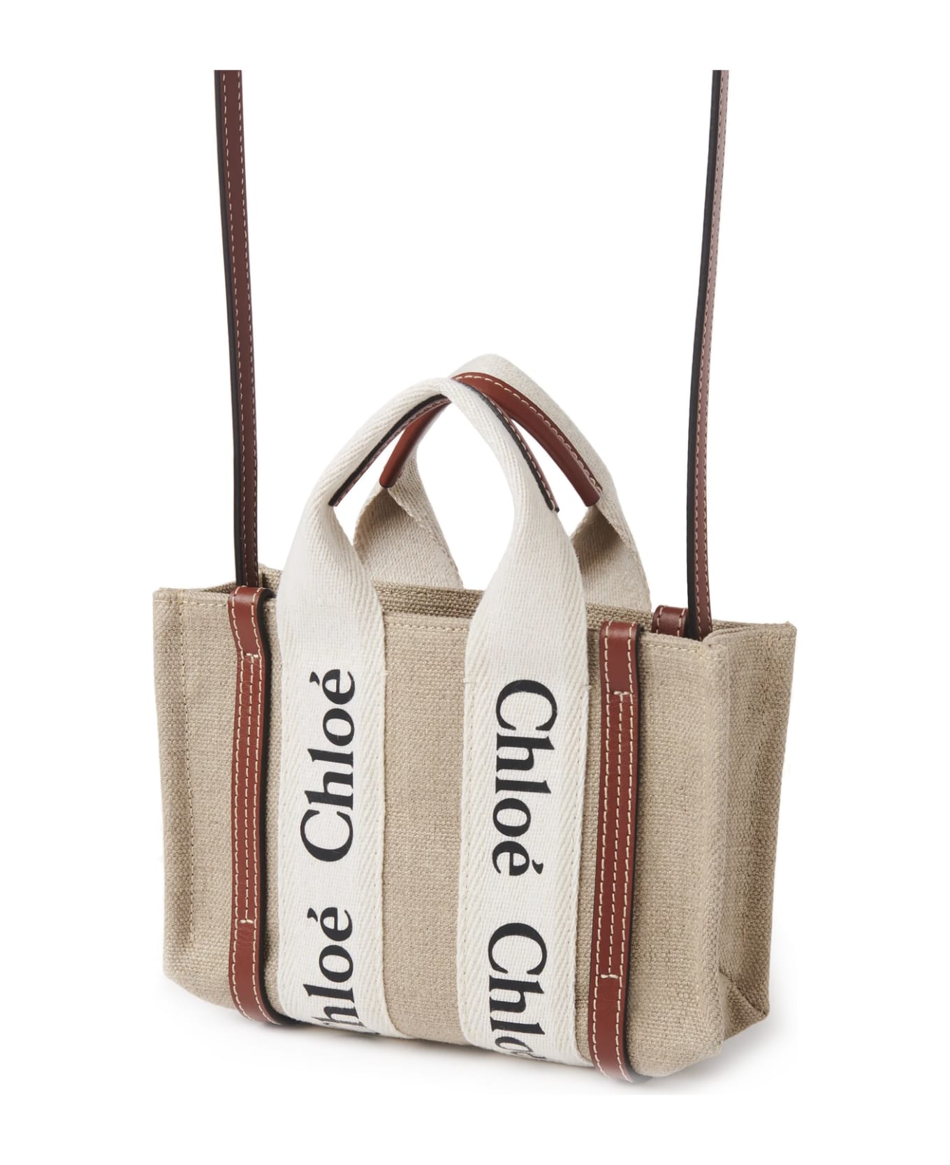 Chloé White And Brown Woody Mini Tote Bag - Marrone