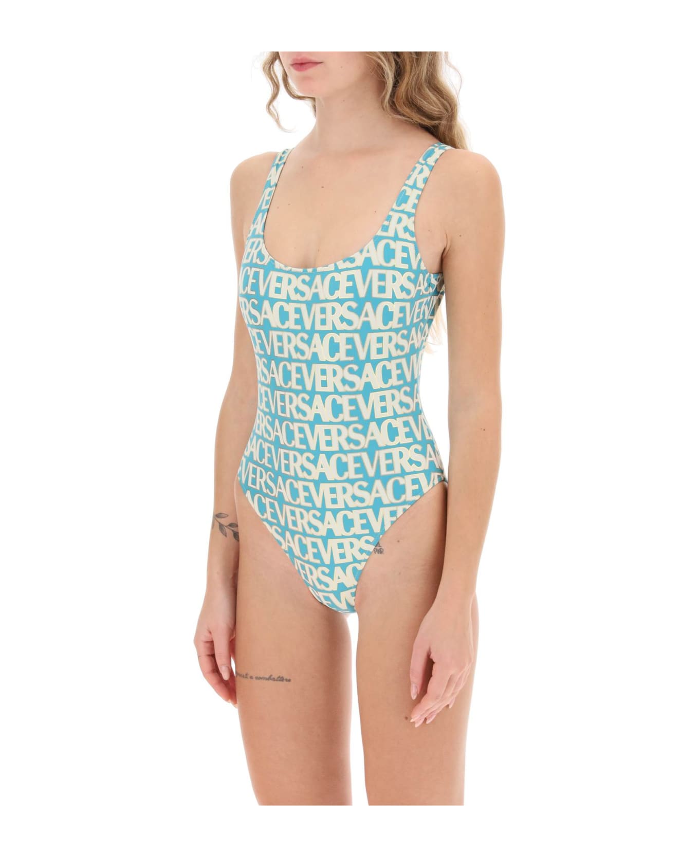 Versace Blue One-piece Swimsuit With All-over Logo Lettering Print In Stretch Tech Fabric Woman - TURQUOISE AVORY (Light blue) ワンピース