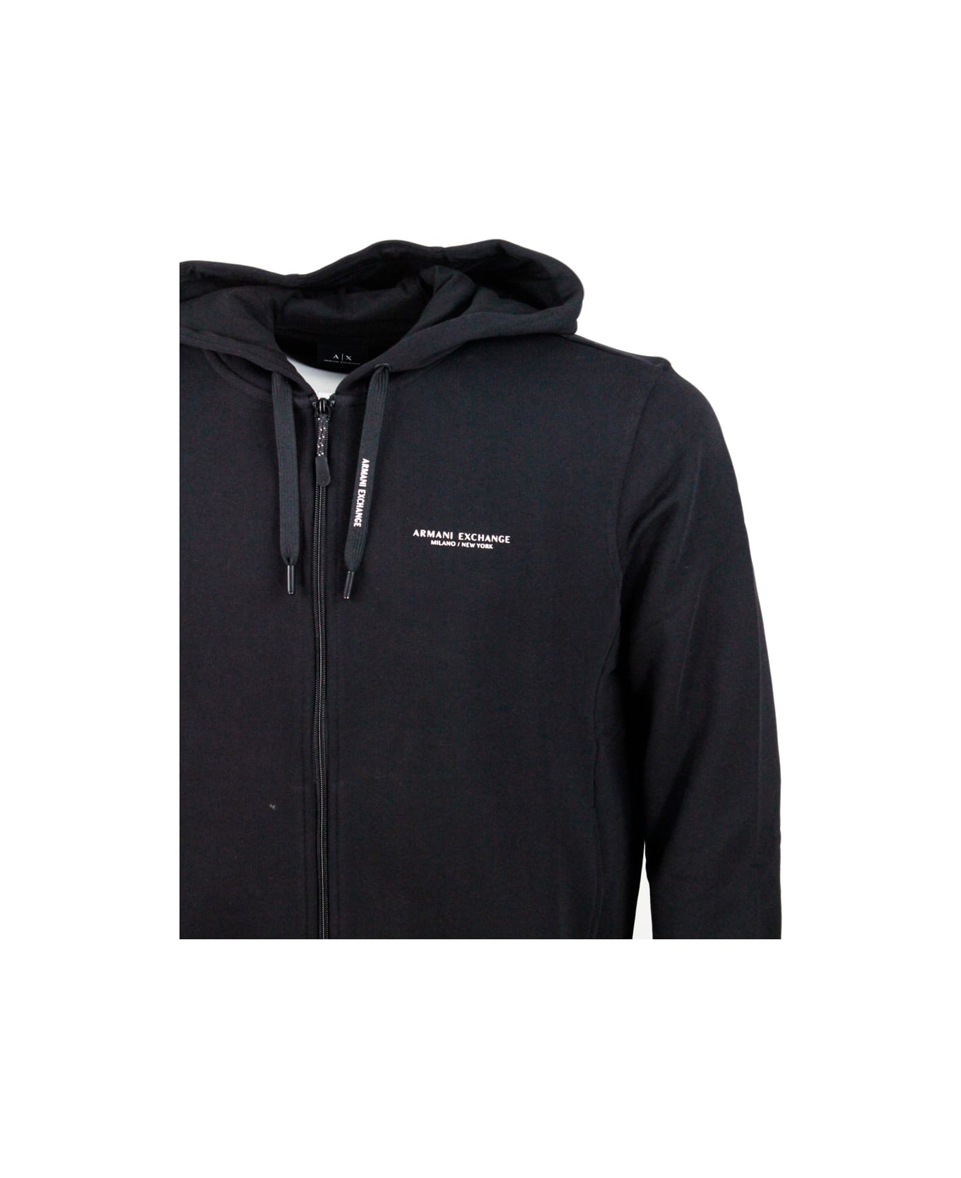 Armani Collezioni Long-sleeved Full Zip Drawstring Hoodie With Small Logo On The Chest - Black