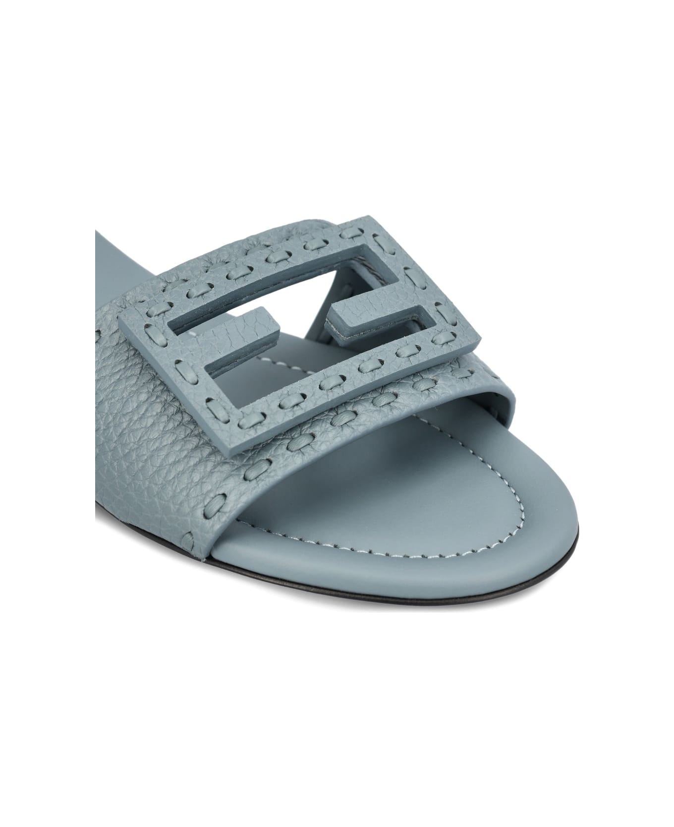 Fendi Baguette Leather Slides - Grey