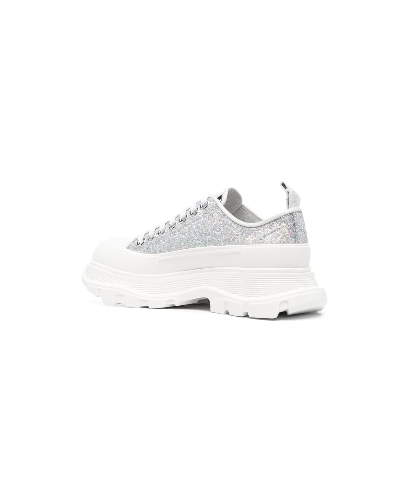 Alexander McQueen 'tread Slick' White And Silver Sneakers With Oversized Platform And All-over Glitters In Cotton Woman - Metallic