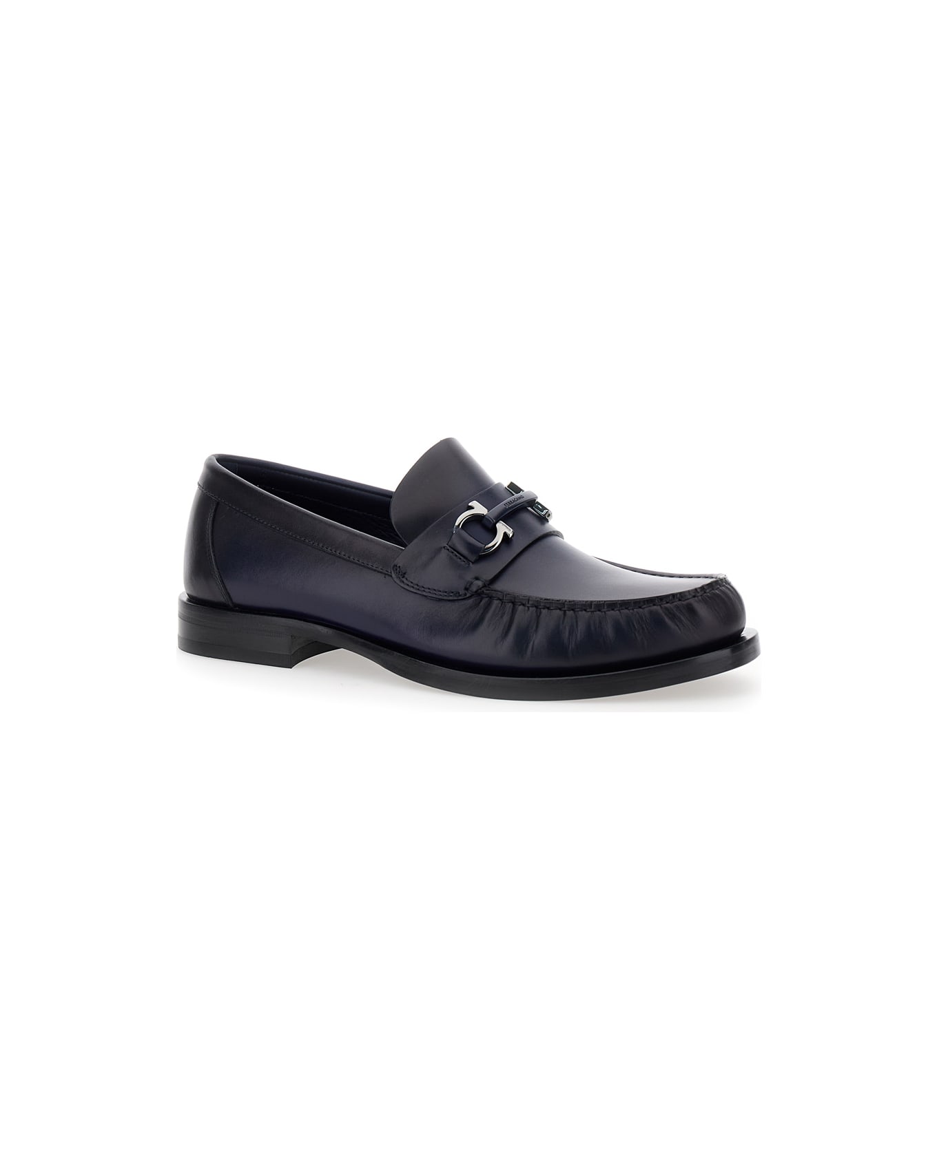 Ferragamo 'fort' Blue Slip-on Loafers With Gancini Detail In Brushed Leather Man - Blu