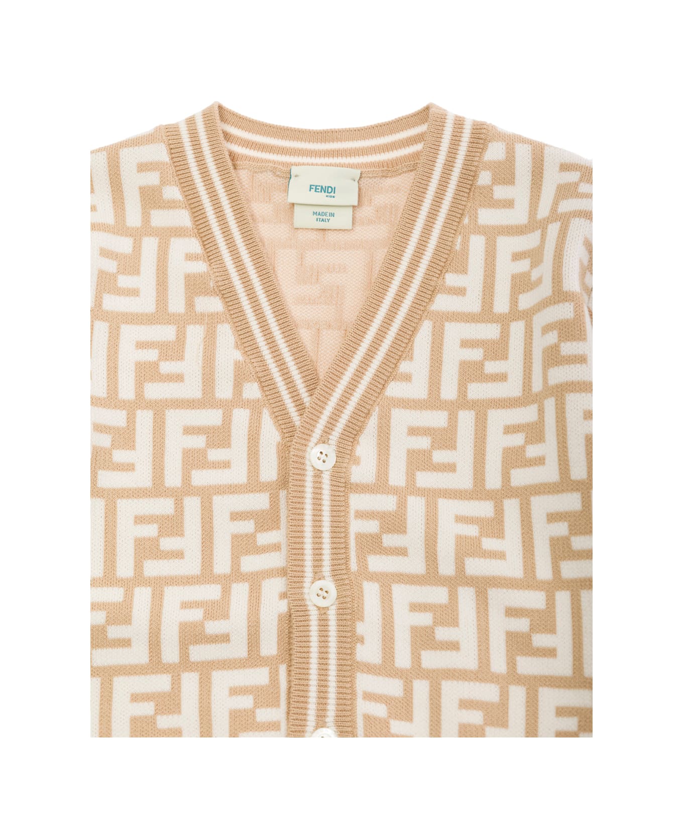 Fendi Beige And White Cardigan With Ff Jacquard Motif In Cotton Piquet Baby - White