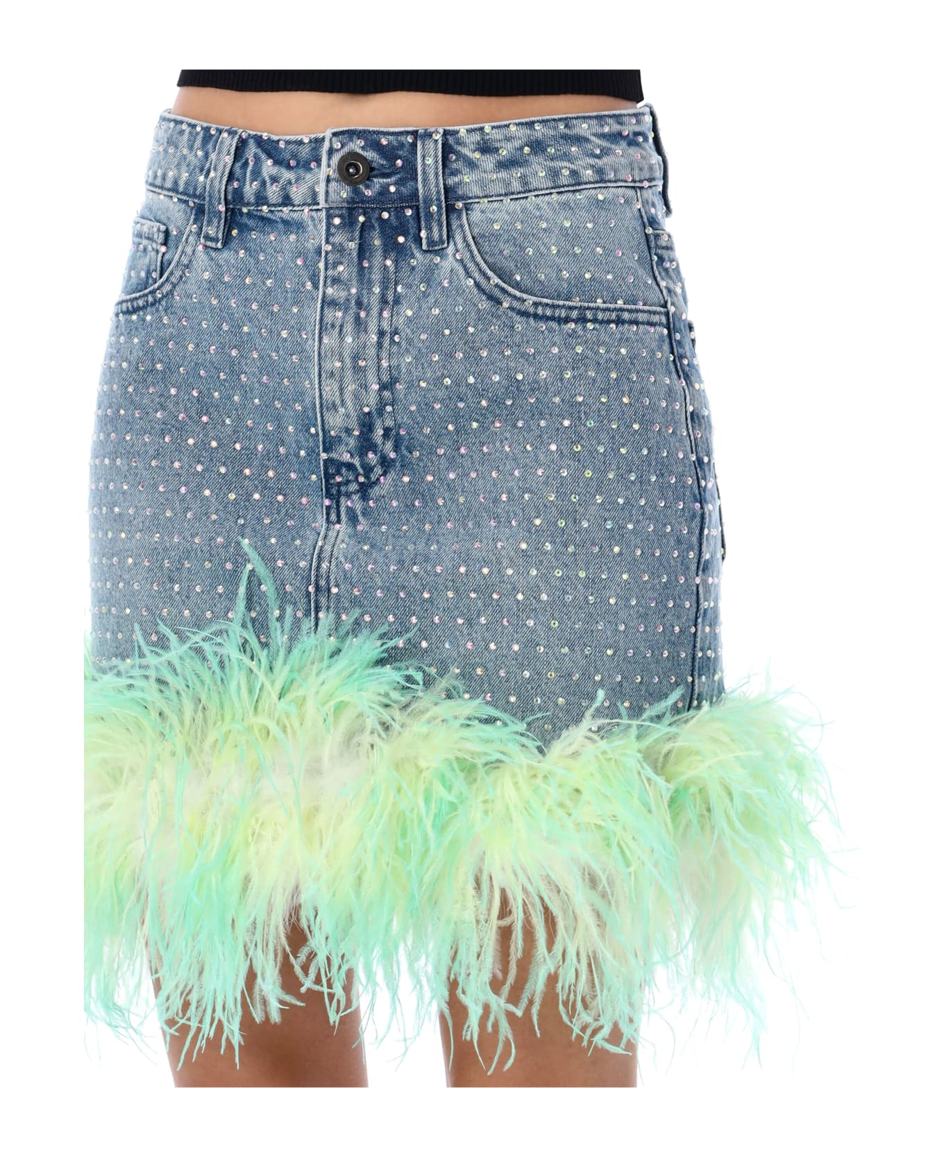 self-portrait Rhinstone Feather Denim Mini Skirt - LIGHT BLUE スカート