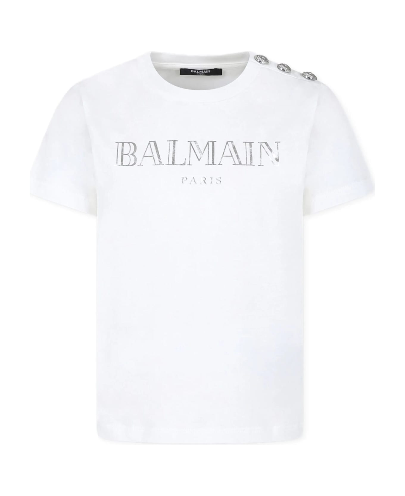 Balmain White T-shirt With Silver Buttons And Logo - Ag