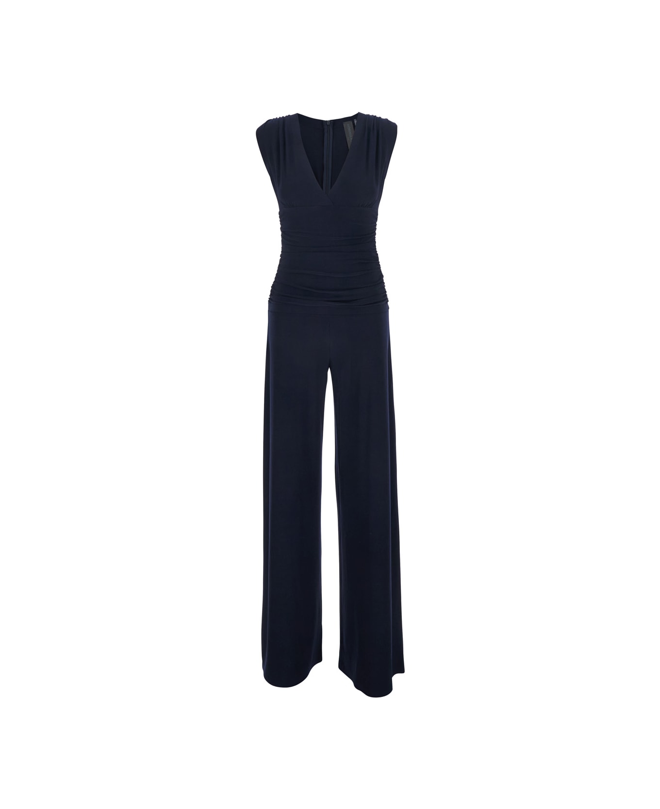 Norma Kamali Sleeveless V Neck Shirred Waist Jumpsuit - Blu