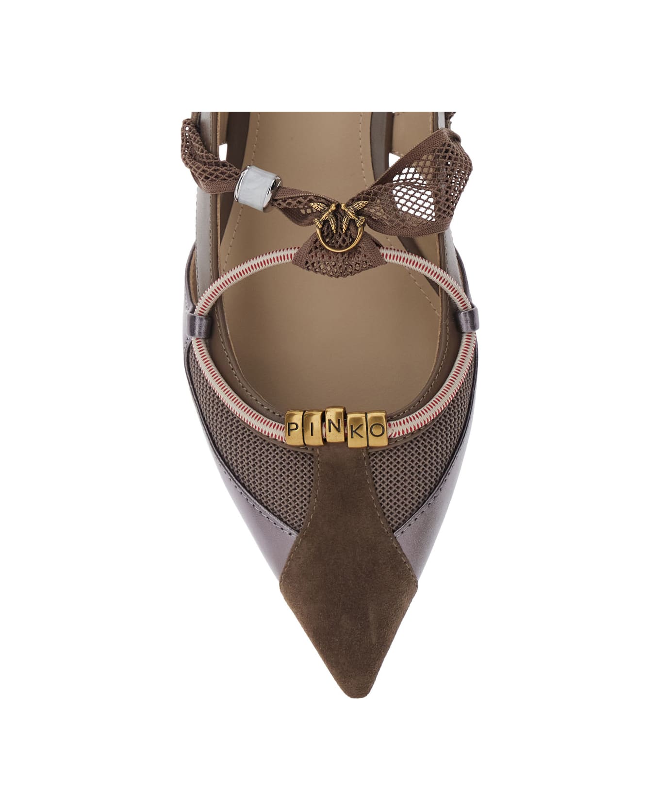 Pinko 'gianira' Brown Ballerinas With Pointed Toe And Decorative Ankle Band In Leather And Fabric Blend Woman - Brown