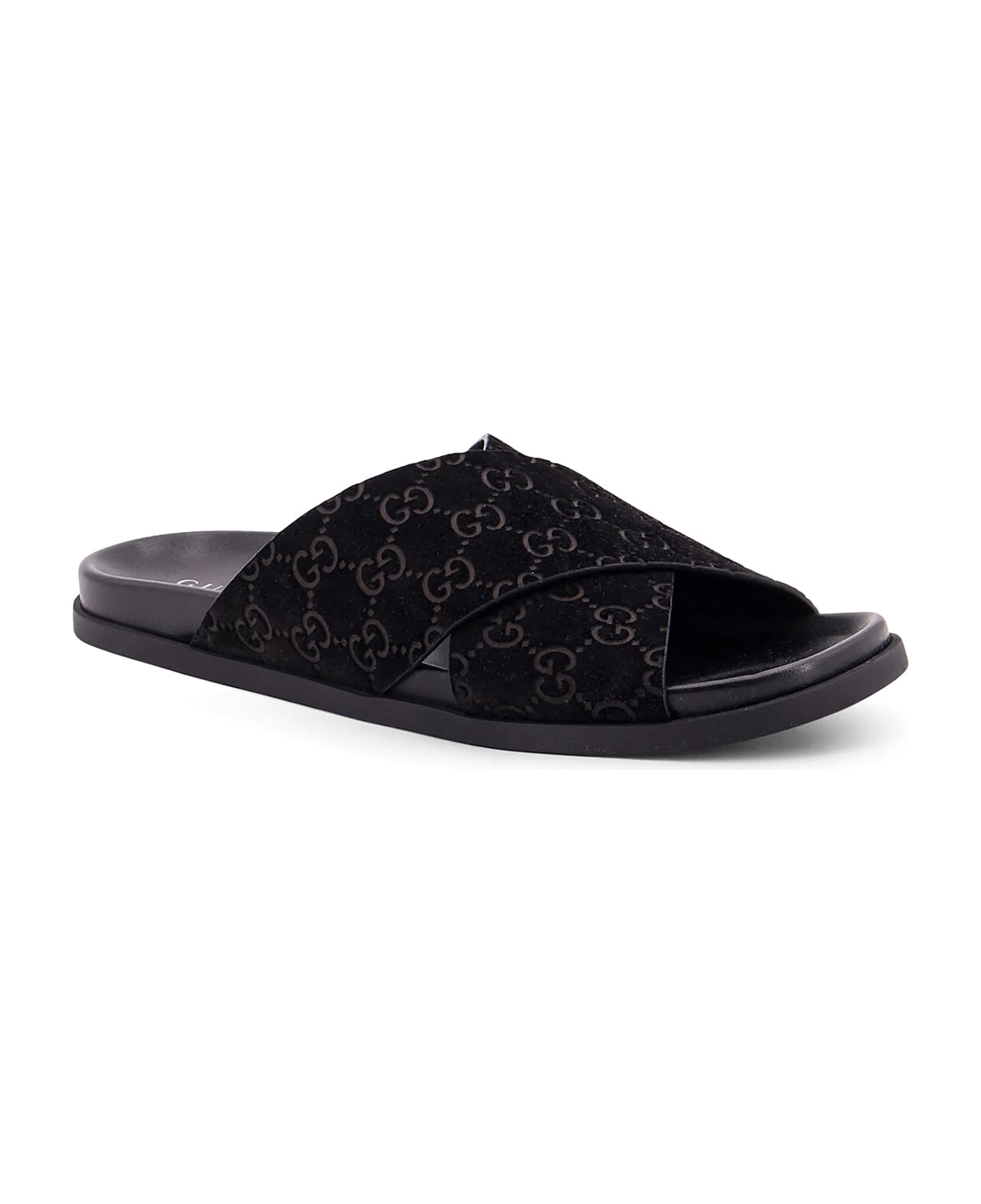 Gucci Leather Slides With All-over Gg Motif - Black