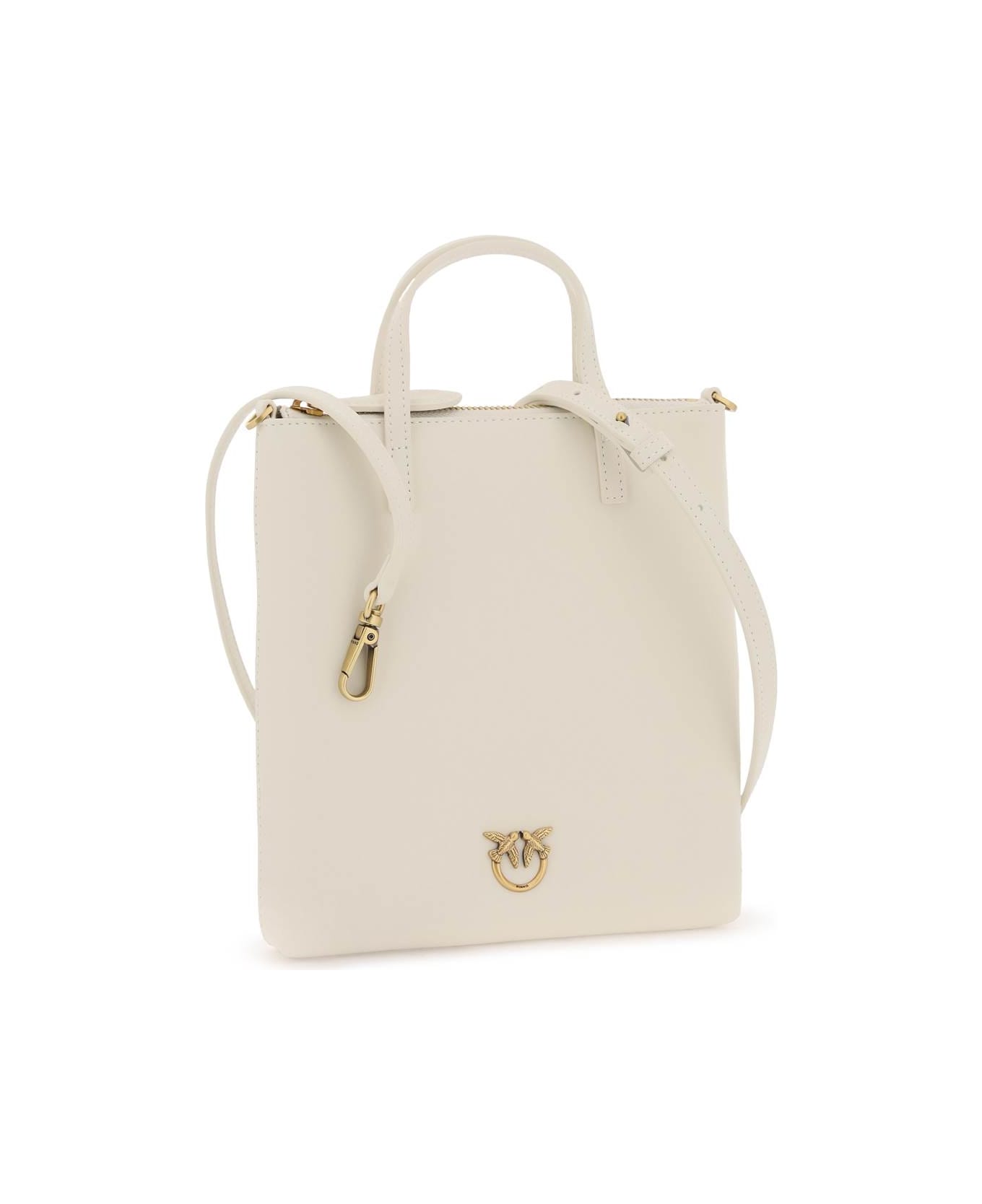 Pinko Leather Mini Tote Bag - BIANCO SETA ANTIQUE GOLD (White)