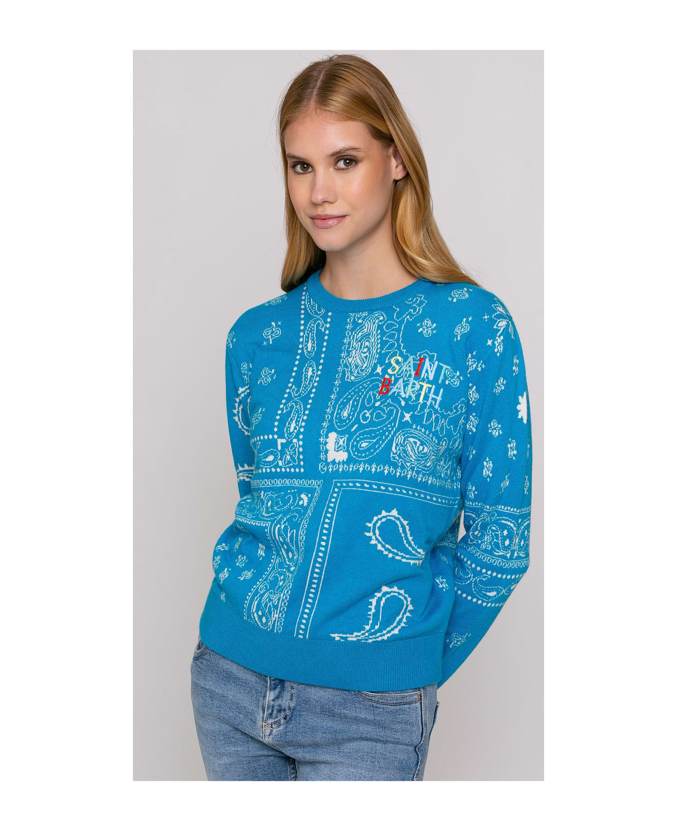 MC2 Saint Barth Woman Sweater With Bandanna Print And Saint Barth Embroidery - BLUE