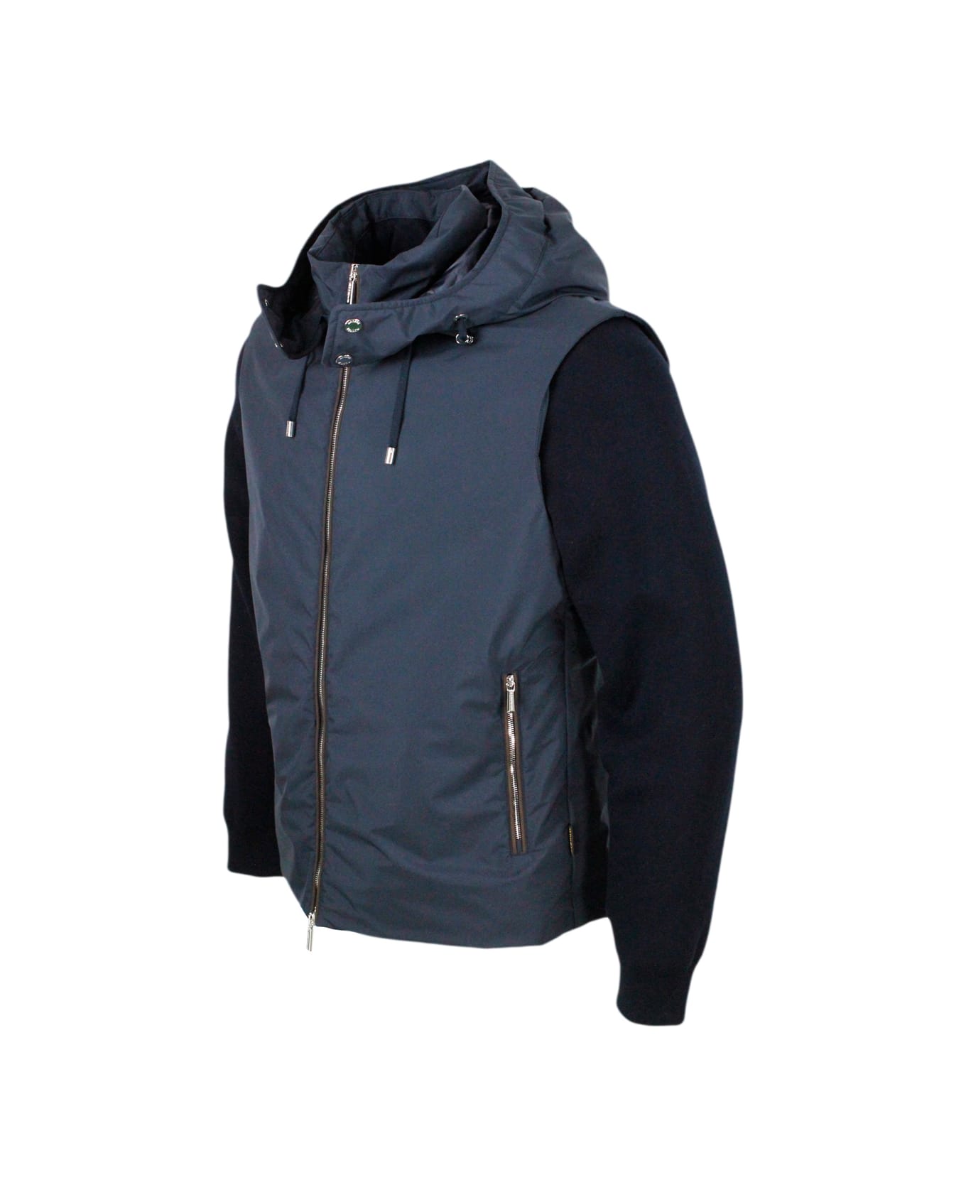 Moorer Bomber Jacket In A Mix Of Materials With Detachable Hood In Smooth Waterproof Fabric And Padded With Light Down. The Cotton Sleeves Are Detachable - Blu