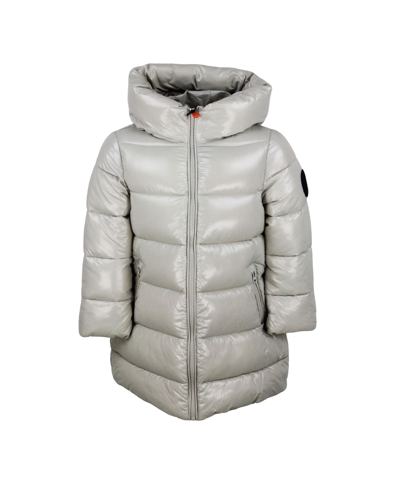 Save the Duck Long Luck Down Jacket With Hood With Animal Free Padding With Animal Free Padding With Zip Closure And Logo On The Sleeve. - Beige