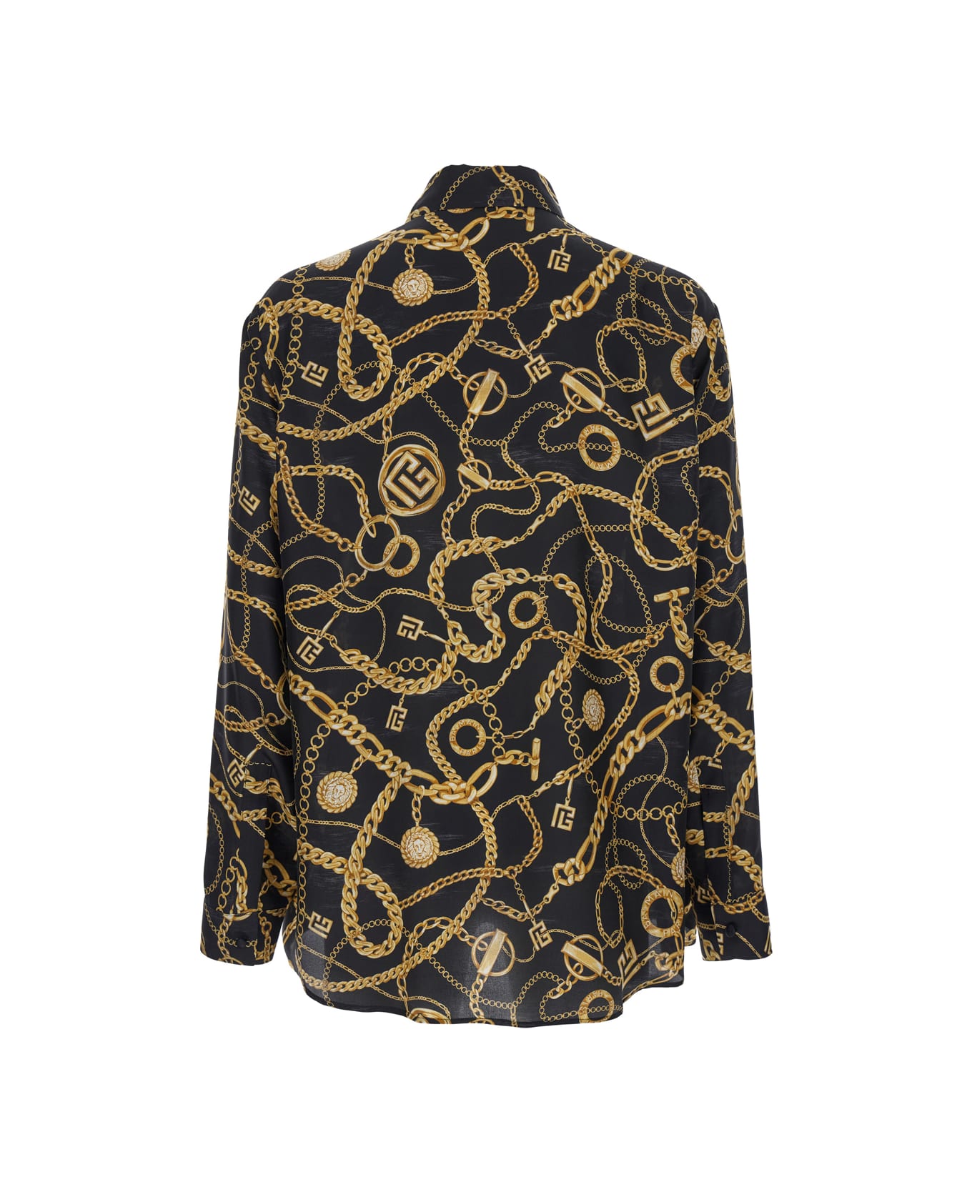 Balmain Black Shirt With Pointed Collar And Chain Print With Logo In Silk Man - Black