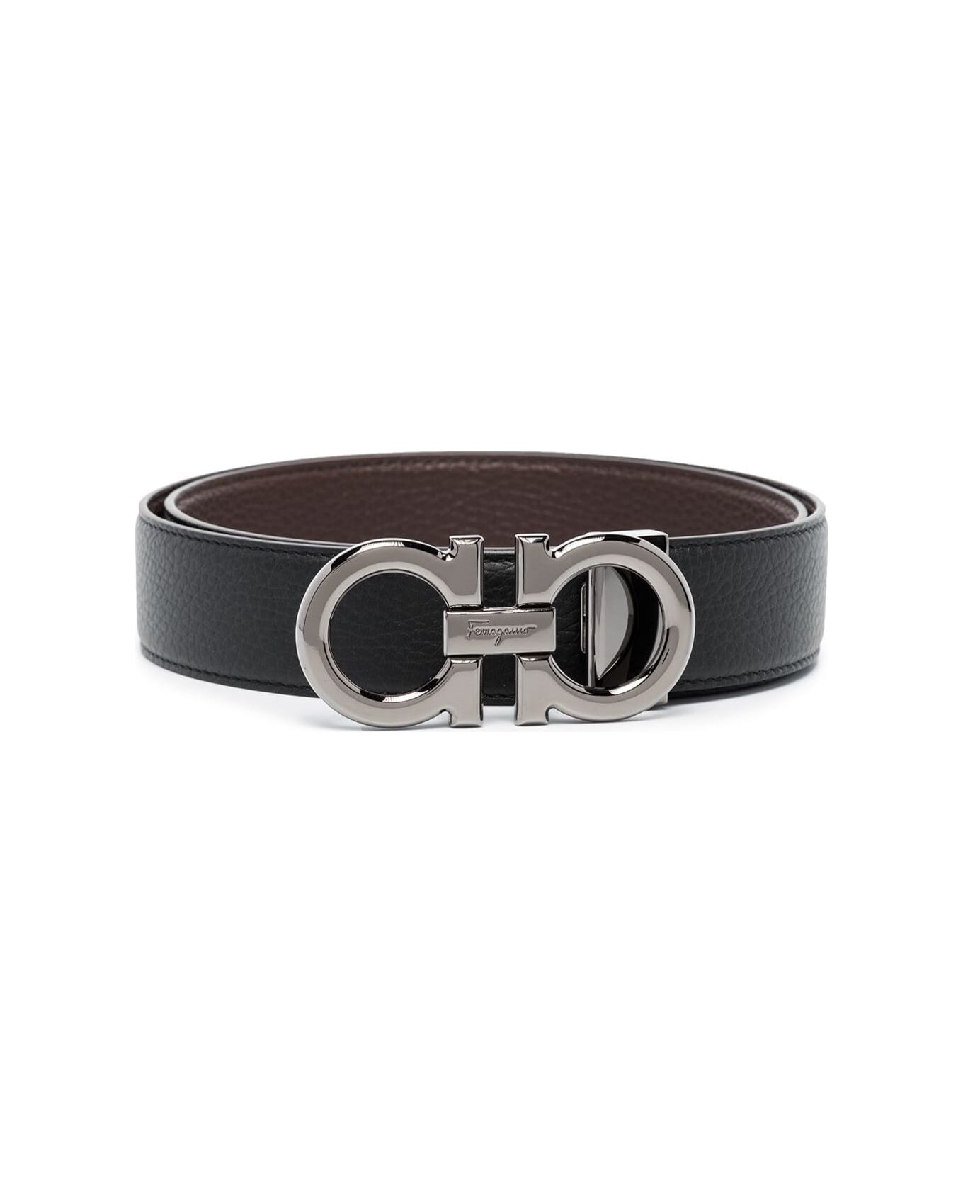 Ferragamo Black And Brown Reversible Buckle Belt With Gancini Logo In Leather Man - Black