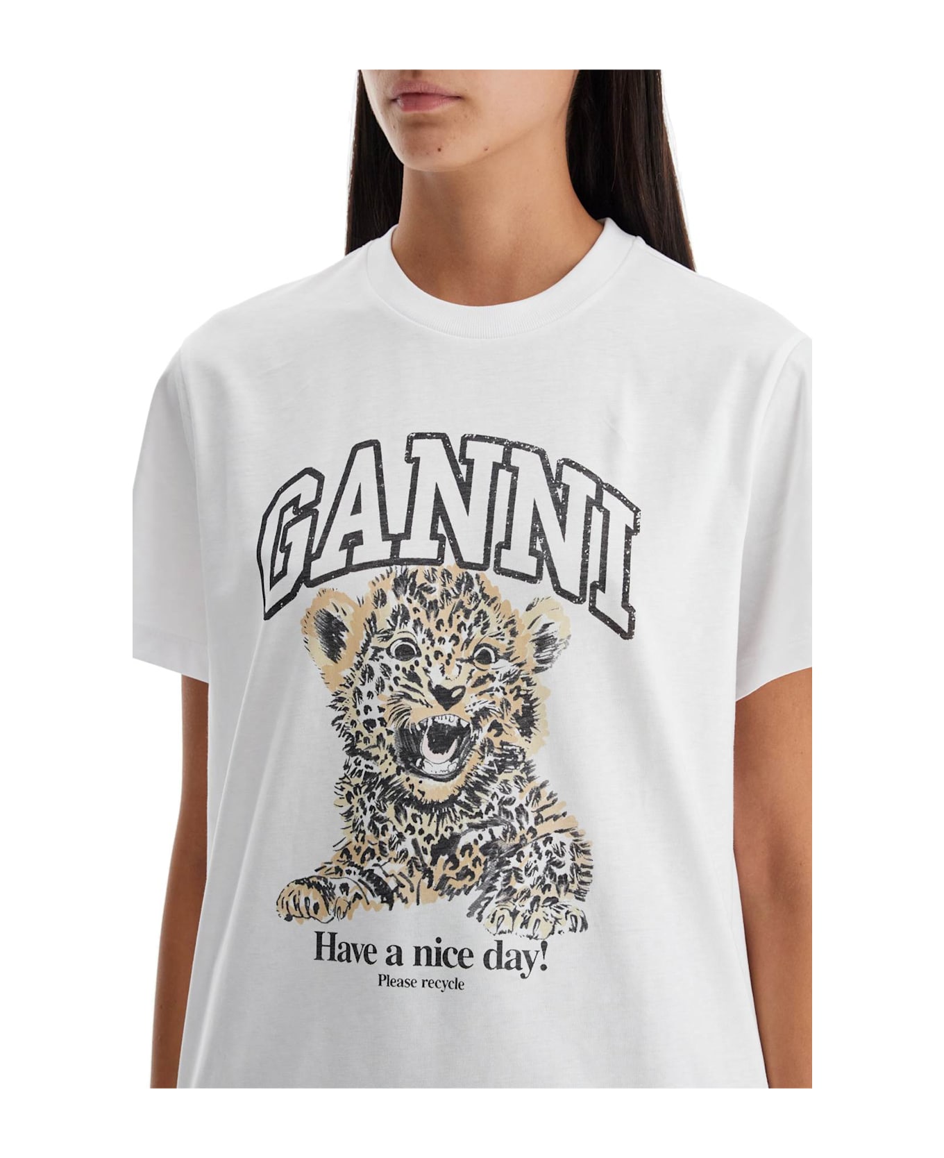 Ganni 
leopard
 White Cotton T-shirt - Leopard Tシャツ