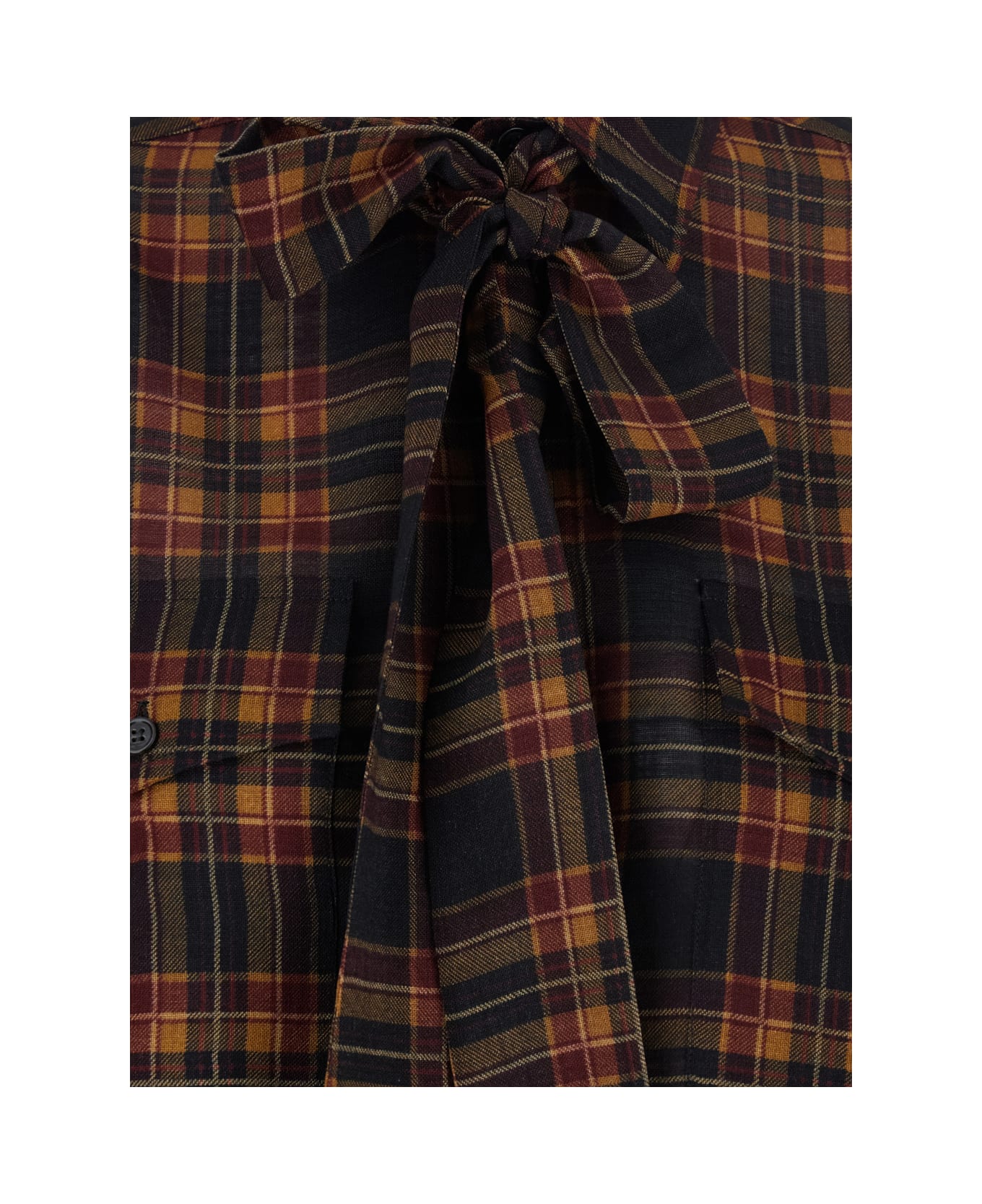 Saint Laurent Brown Shirt With Pussybow Collar And All-over Check Motif In Wool Woman - Brown